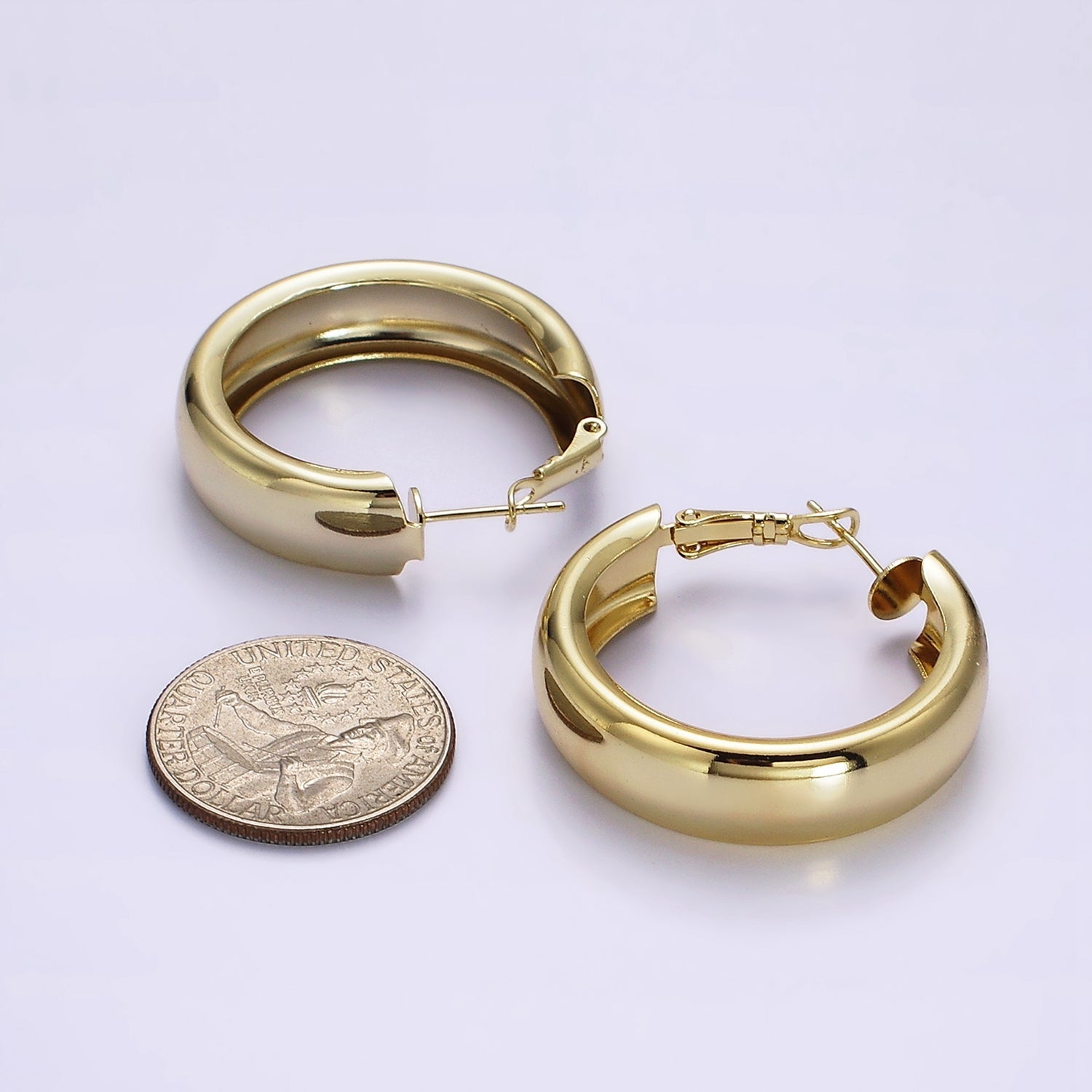 14K Gold Filled 25mm, 35mm Wide Band Dome Hinge Hoop Earrings | AE550 AE551 - DLUXCA