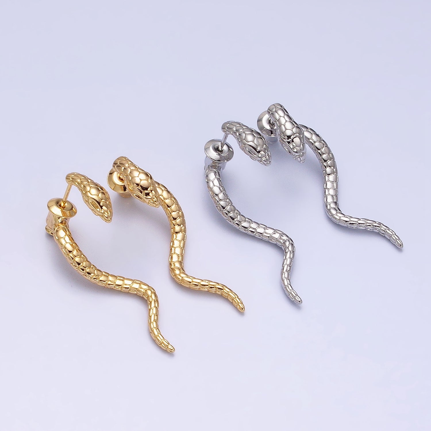 16K Gold Filled Snake Serpent Textured Wavy Drop Stud Earrings in Gold & Silver | AD1476 AD1477 - DLUXCA