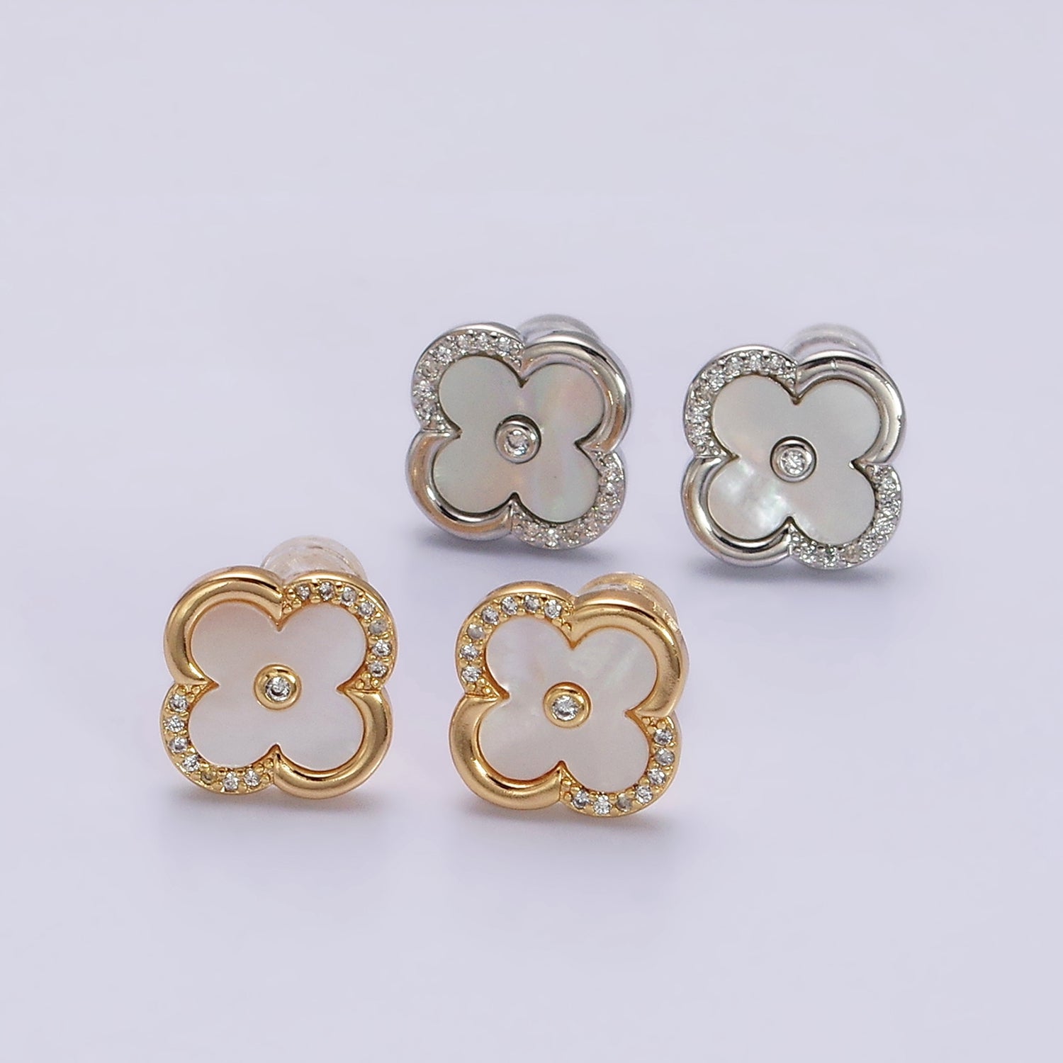 16K Gold Filled 12mm Shell Pearl Quatrefoil Clover Micro Paved CZ Stud Earrings in Gold & Silver | AB1535 AB1536