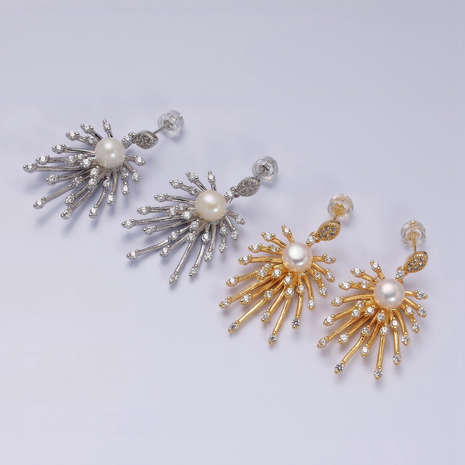 16K Gold Filled Celestial Fireworks Sunburst Pearl CZ Stud Earrings in Gold & Silver | AD1273 AD1274 - DLUXCA