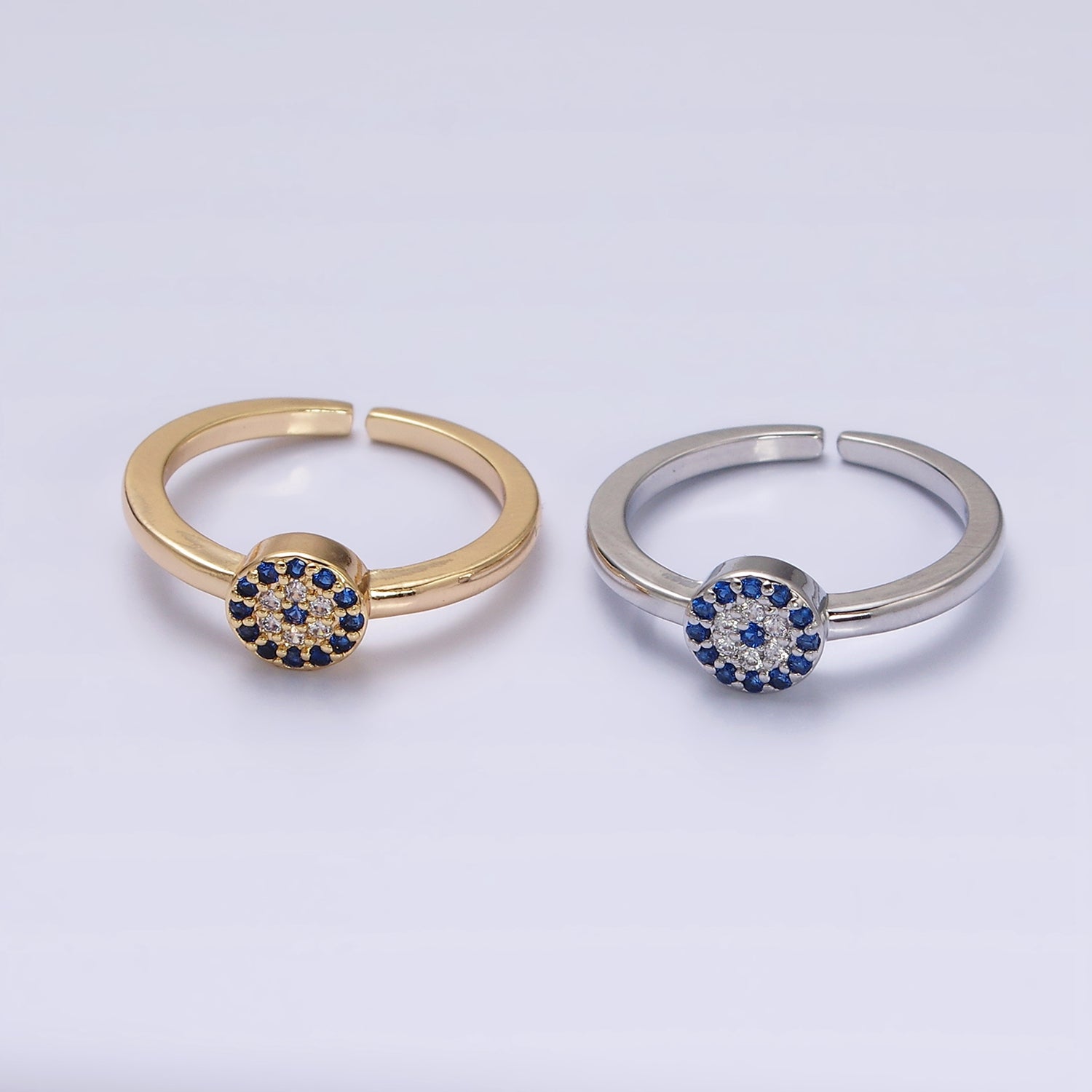 16K Gold Filled Blue Micro Paved CZ Round Evil Eye Adjustable Ring in Gold & Silver | AA1485 AA1486 - DLUXCA