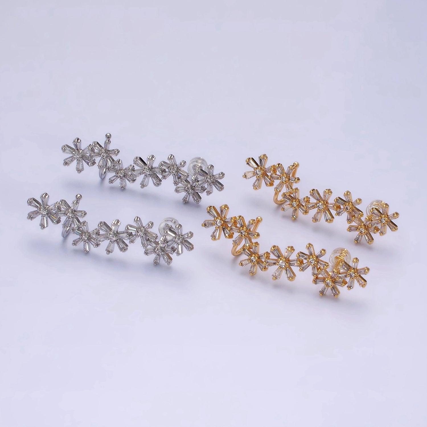 16K Gold Filled Multiple Flower Clear Baguette Ear Crawler Cuff Stud Earrings in Gold & Silver | G376 G381 - DLUXCA