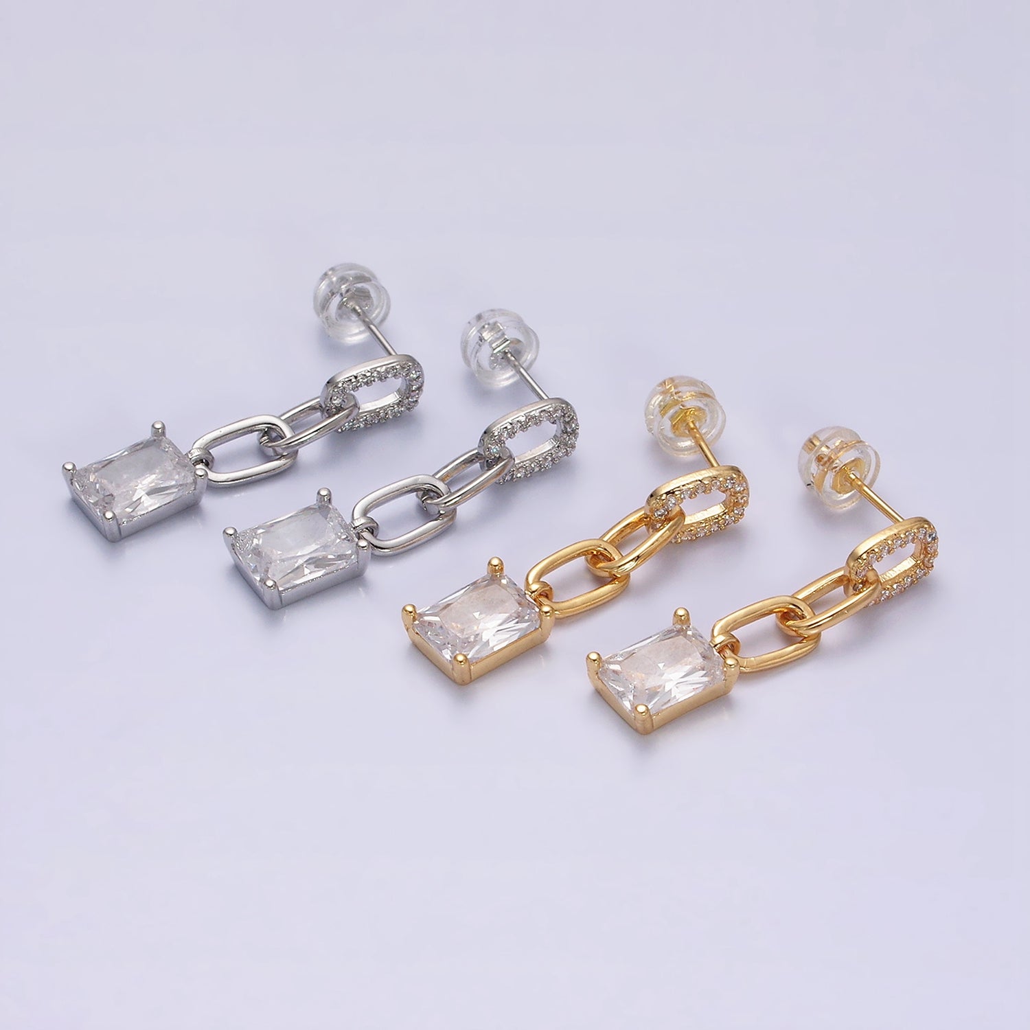 16K Gold Filled Clear Baguette Micro Paved CZ Cable Paperclip Link Drop Stud Earrings in Gold & Silver | Y881 Y882 - DLUXCA