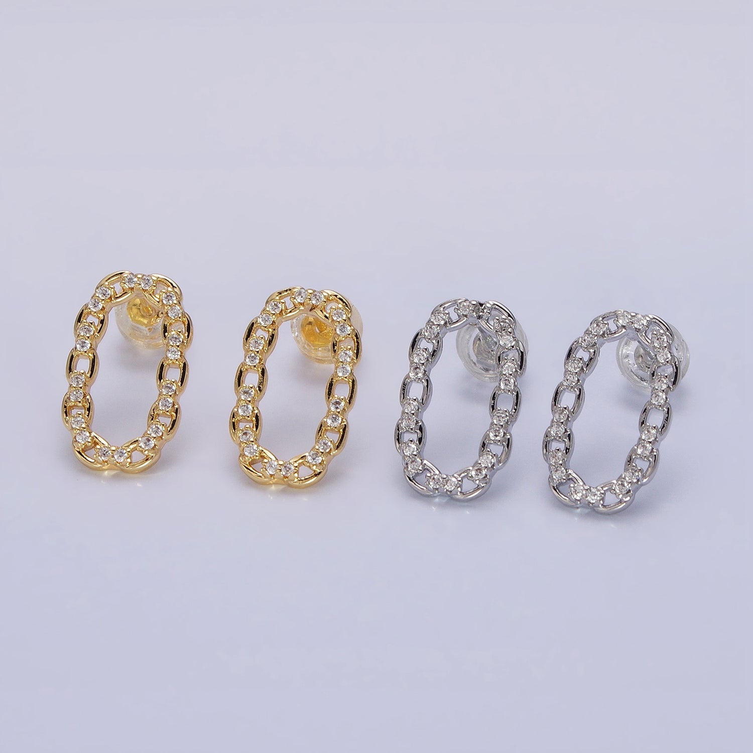 16K Gold Filled Open Oblong CZ Cable Link Stud Earrings in Gold & Silver | AD1309 AD1331 - DLUXCA