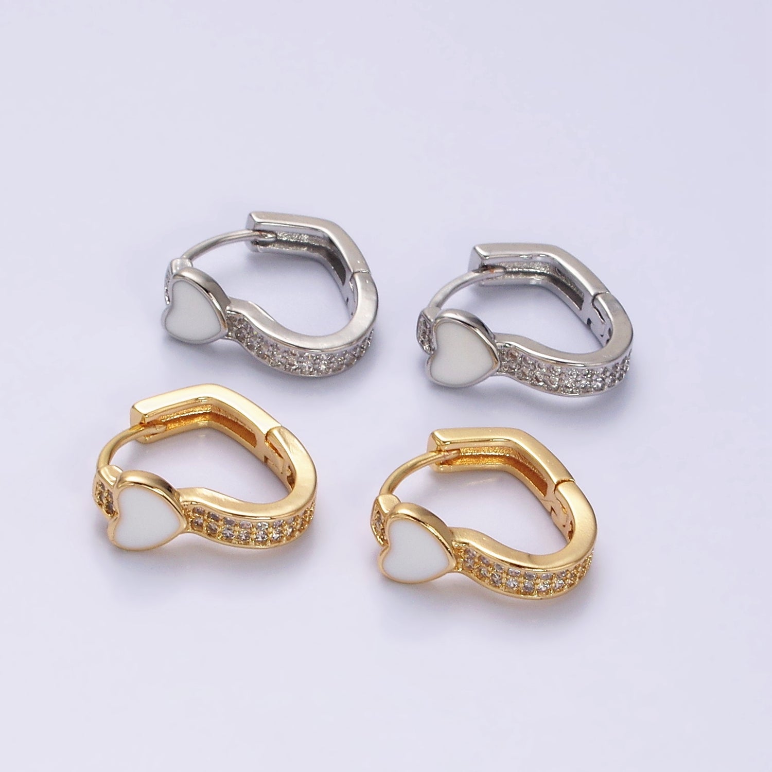 16K Gold Filled Heart White Enamel Micro Paved CZ 15.7mm Huggie Earrings in Gold & Silver | Y837 Y838 - DLUXCA