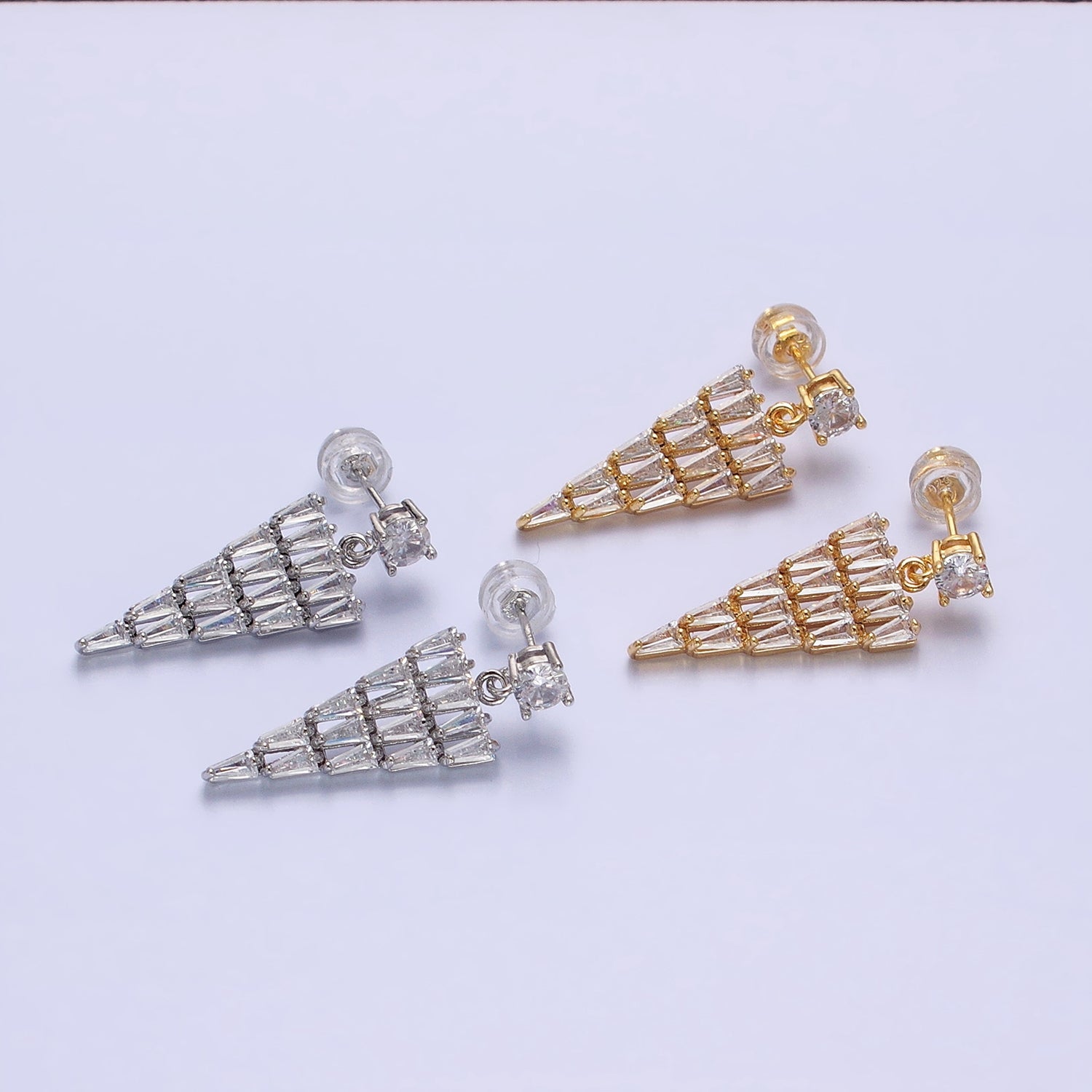 16K Gold Filled Triangle Baguette CZ Drop Stud Earrings in Gold & Silver | AB1476 AB1477 - DLUXCA