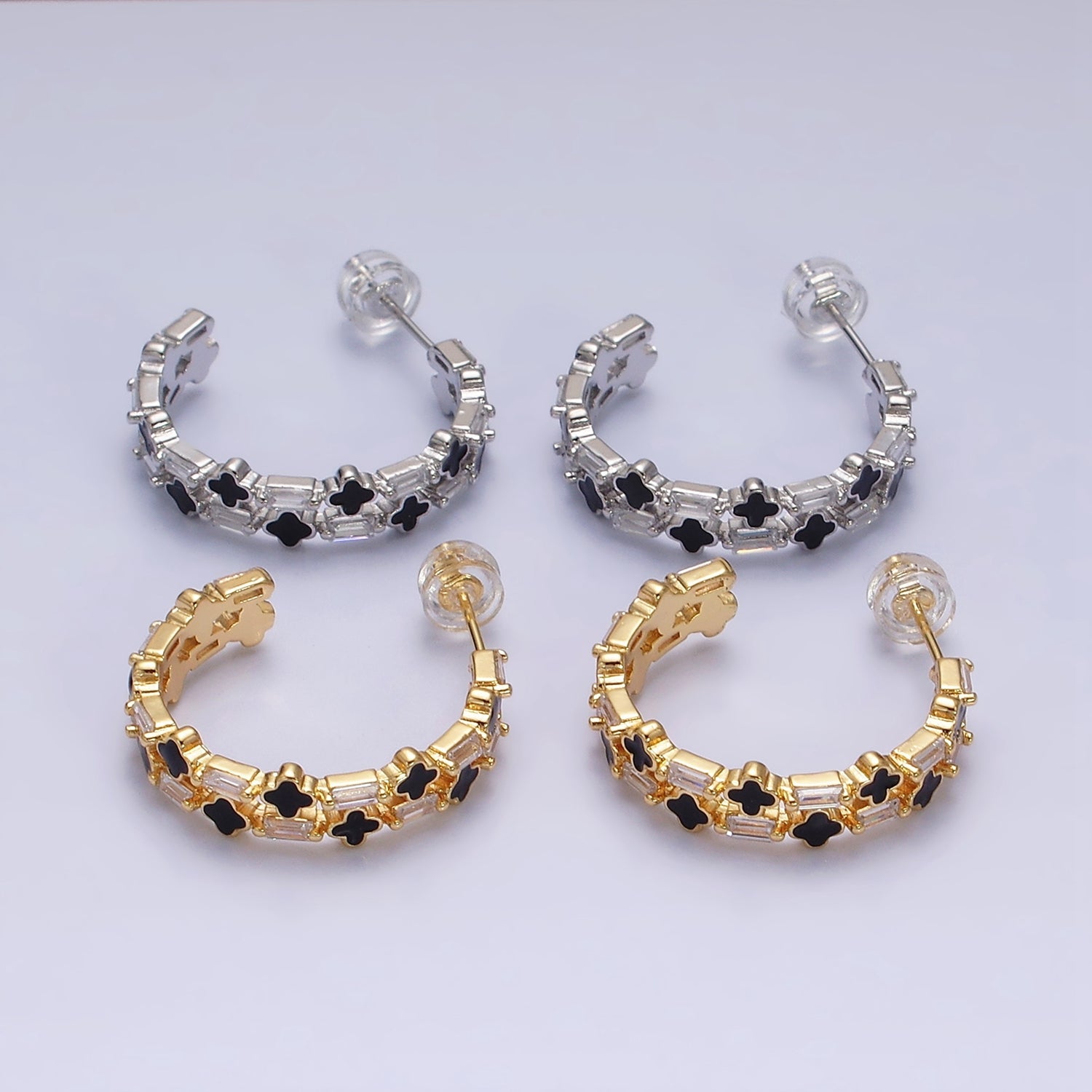 16K Gold Filled Double Black Quatrefoil Clover Clear Baguette C-Shaped Hoop Earrings in Gold & Silver | Y805 Y806 - DLUXCA