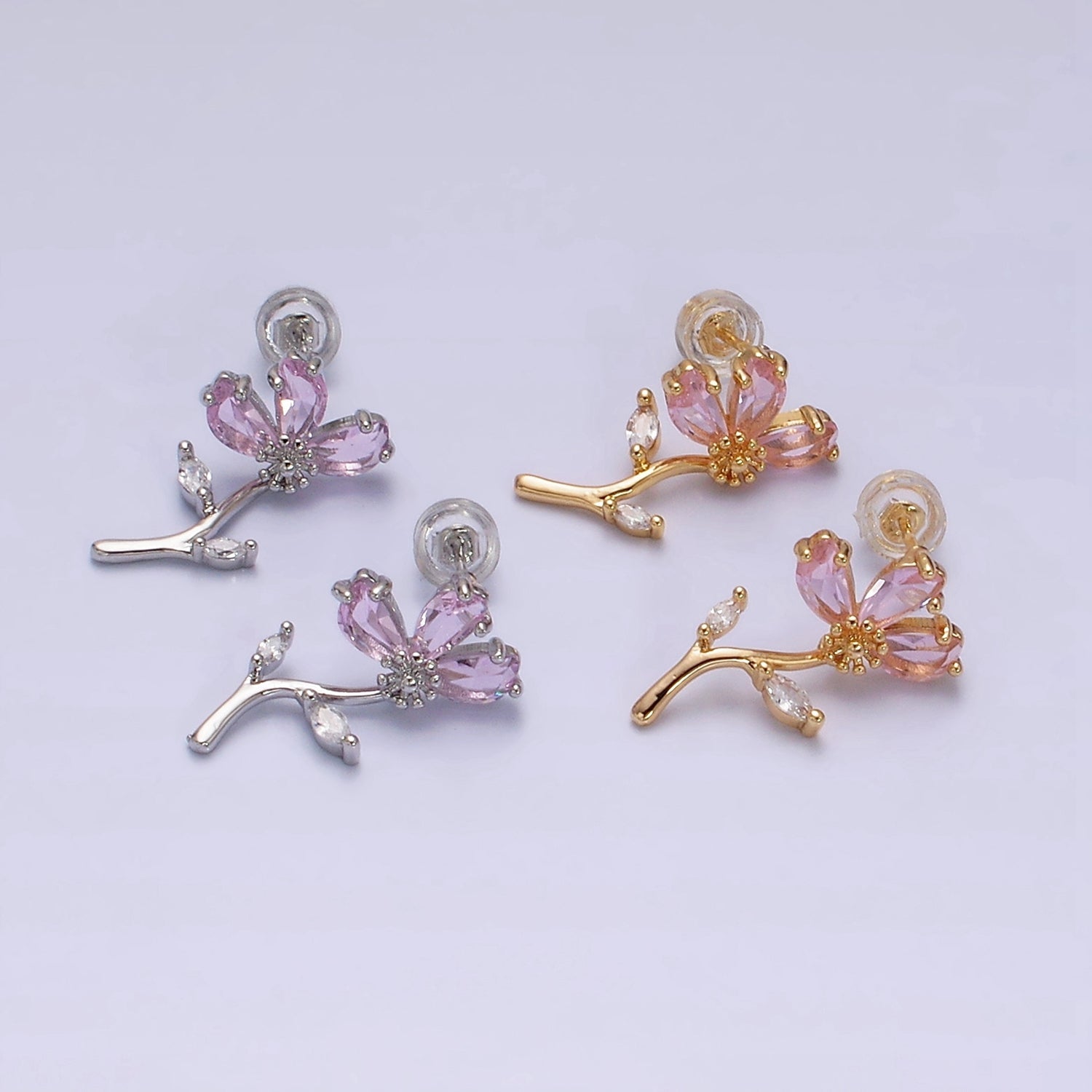 16K Gold Filled Pink Teardrop Flower Marquise Leaf Stud Earrings in Gold & Silver | AE840 AE841 - DLUXCA