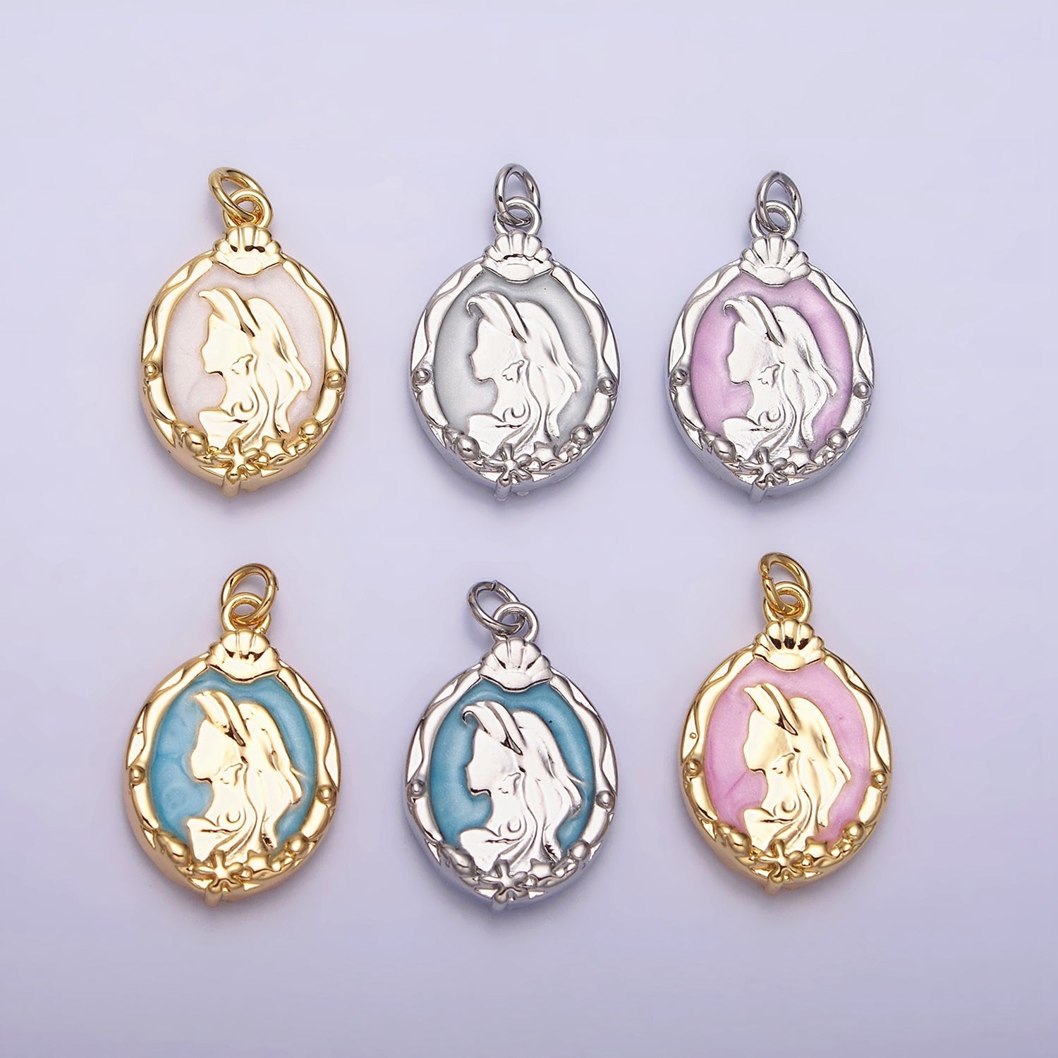 16K Gold Filled Double Sided Princess Mermaid  White, Pink, Blue Sparkly Enamel Charm in Gold & Silver | AC1087 - AC1092