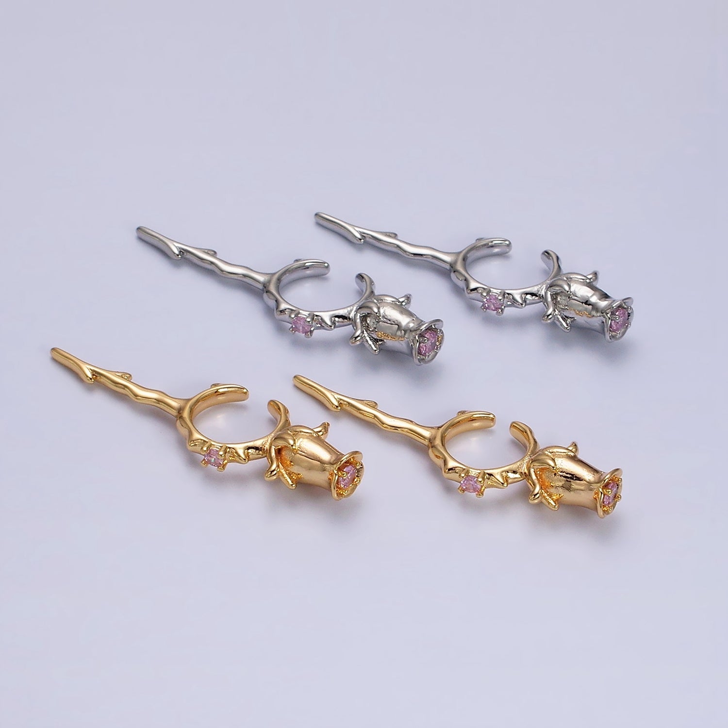 16K Gold Filled Pink CZ Rose Flower Molten Drip Linear Ear Cuff Earrings in Gold & Silver | G315 G330 - DLUXCA