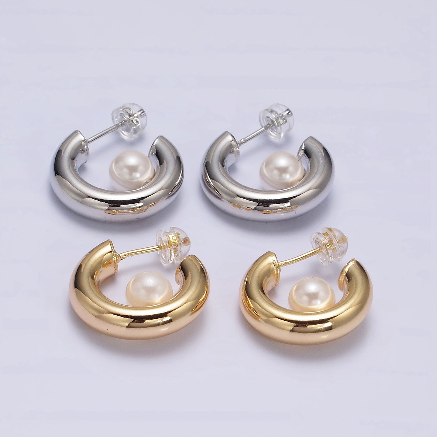 16K Gold Filled 20mm Chubby Round White Pearl C-Shaped Hoop Earrings in Gold & Silver | AE572 AE573 - DLUXCA
