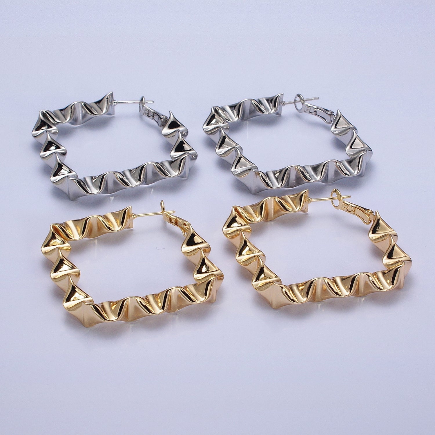 Gold Wavy Rhombus Hoops Lever Back Hoops Statement Gold Hoops 16K Gold Filled Earring 41mm AD996 AD997 - DLUXCA