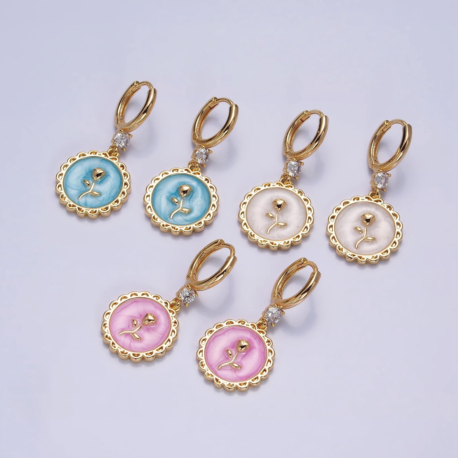 16K Gold Filled White, Pink, Blue Sparkly Enamel Rose Flower Round CZ Drop Huggie Earrings | AB1469 - AB1471 - DLUXCA