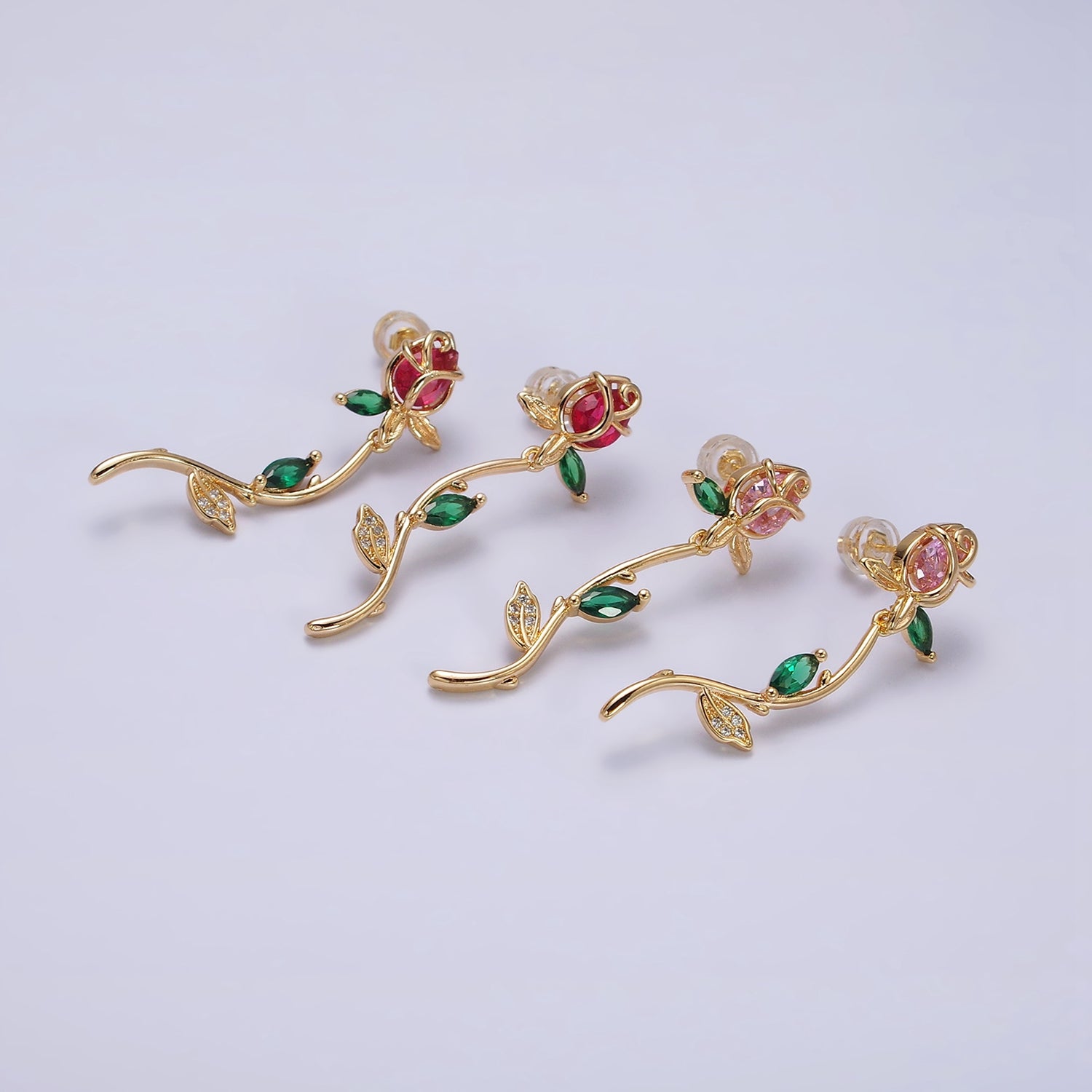 16K Gold Filled Red, Pink Rose Flower Green Marquise CZ Gold Stud Earrings | AE825 AE826 - DLUXCA