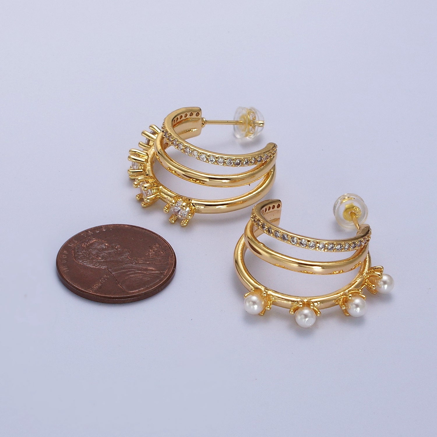 Mismatched Earrings Pearl with 16K Gold Filled Triple Hoop Earring Clear Micro Pave Earring  C-Shaped Geometric Hoop Earrings | AE-544 - DLUXCA