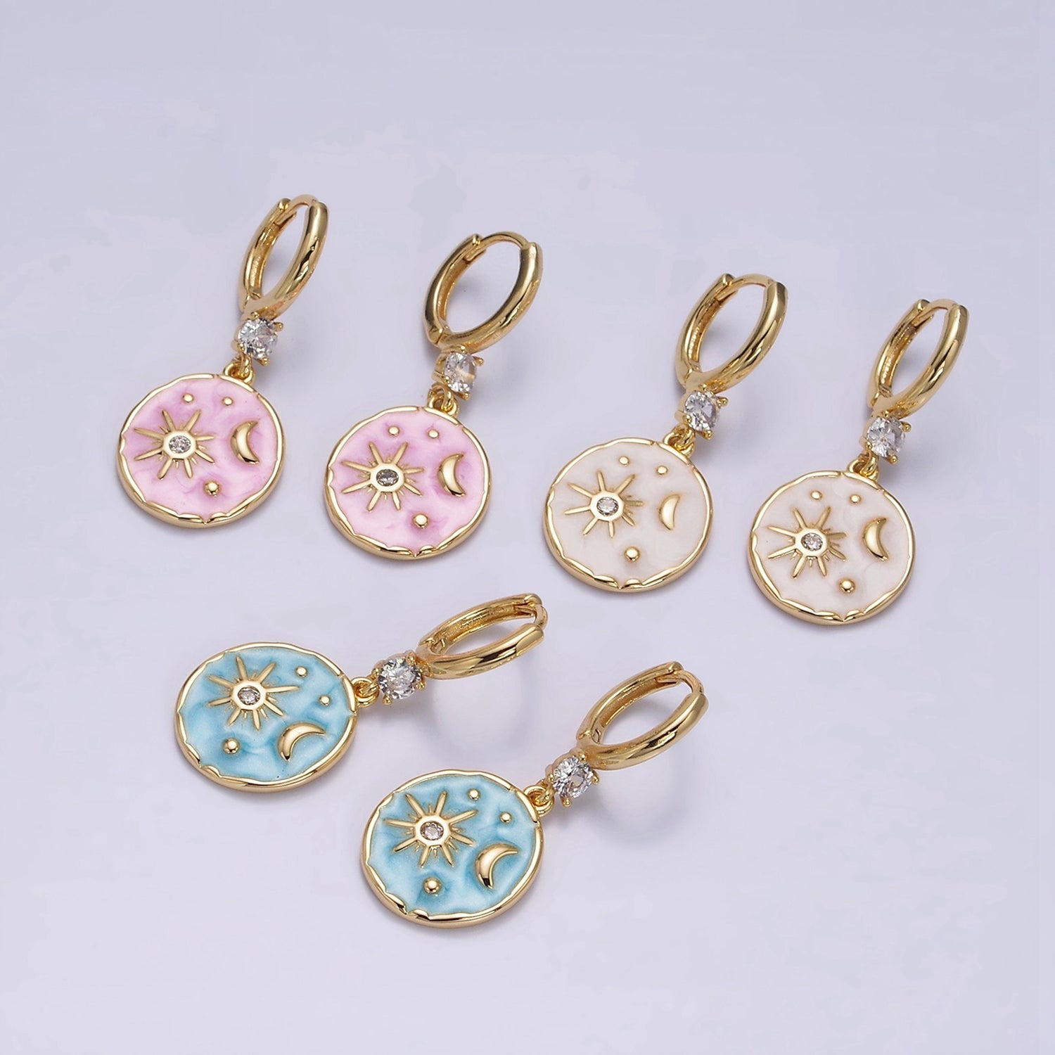 16K Gold Filled Celestial Sun Star Crescent Moon White, Blue, Pink Sparkly Enamel Round Stamped CZ Drop Huggie Earrings | AE831 - AE833 - DLUXCA