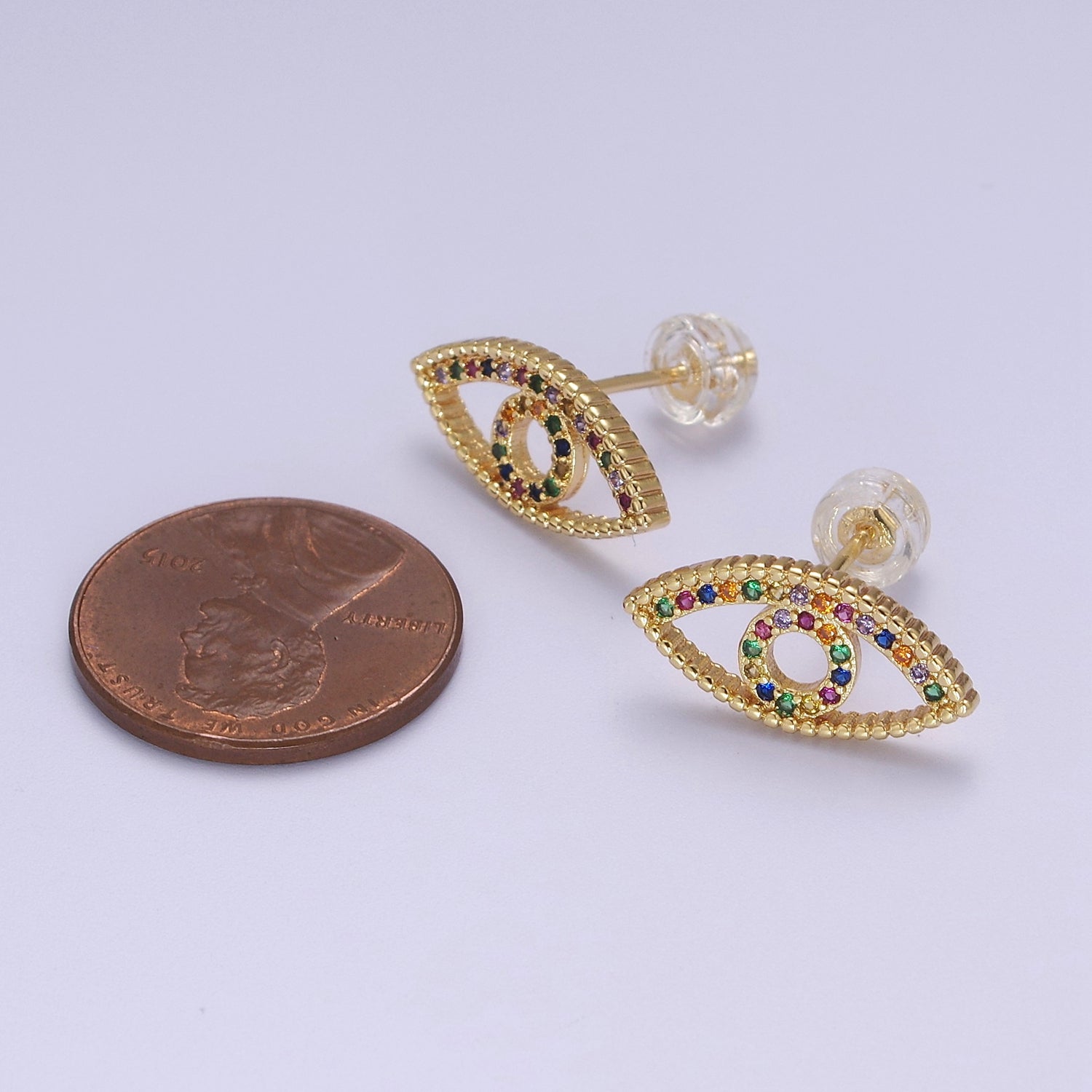 Dainty Gold Rainbow CZ Evil Eye Stud Earring V-099 - DLUXCA