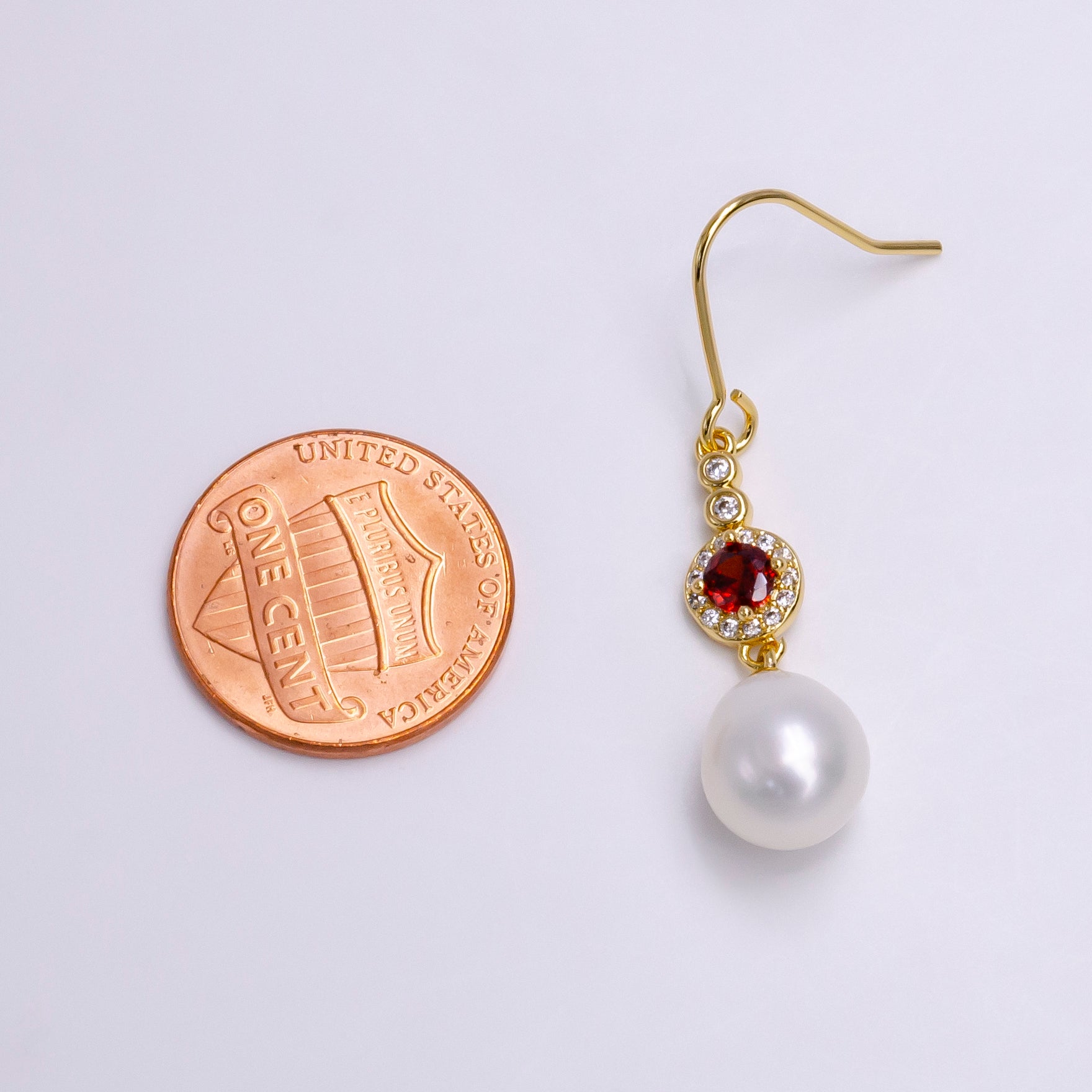 16K Gold Filled Pearl Drop Micro Paved Round Red CZ French Hook Earrings | AE776 - DLUXCA