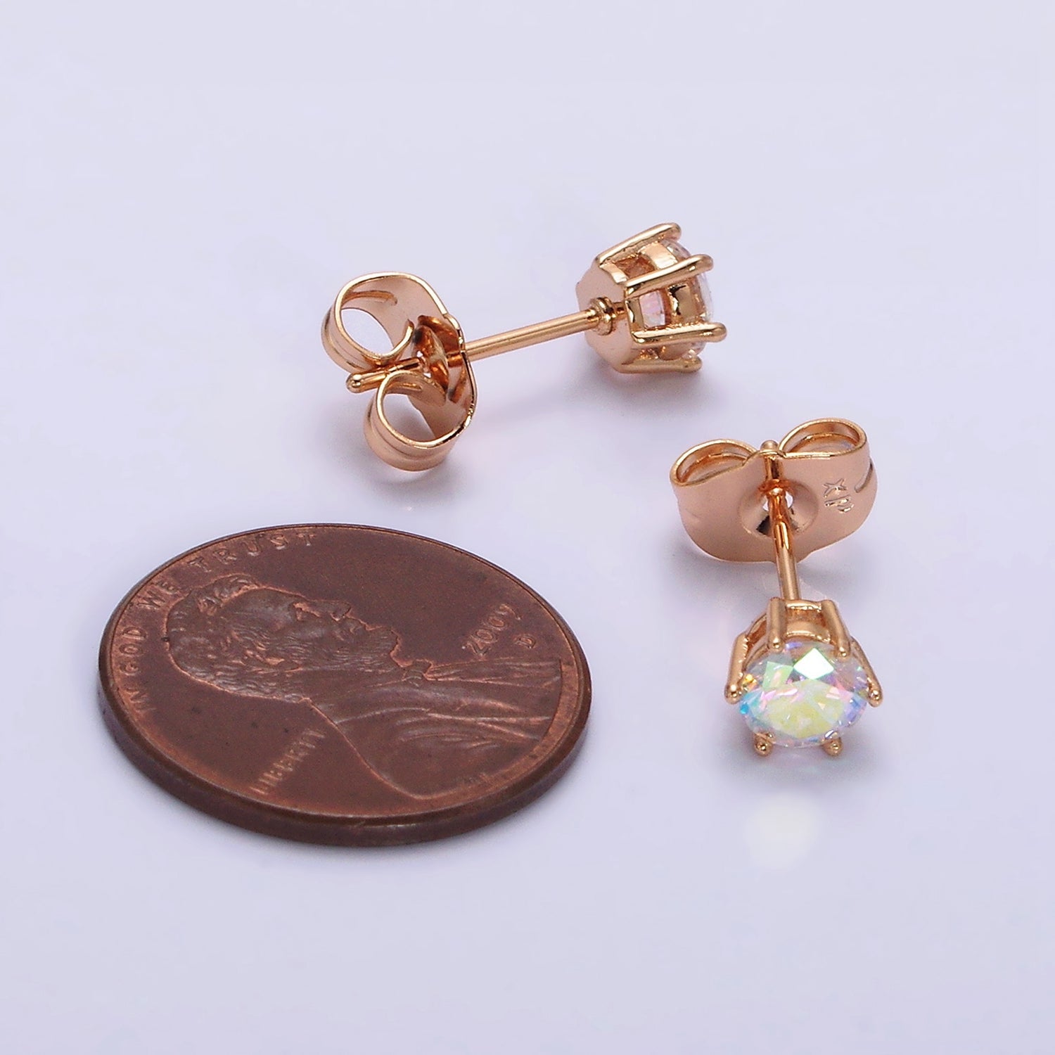 16K Gold Filled 6mm Round Iridescent AB CZ Stud Earrings | AB816 - DLUXCA