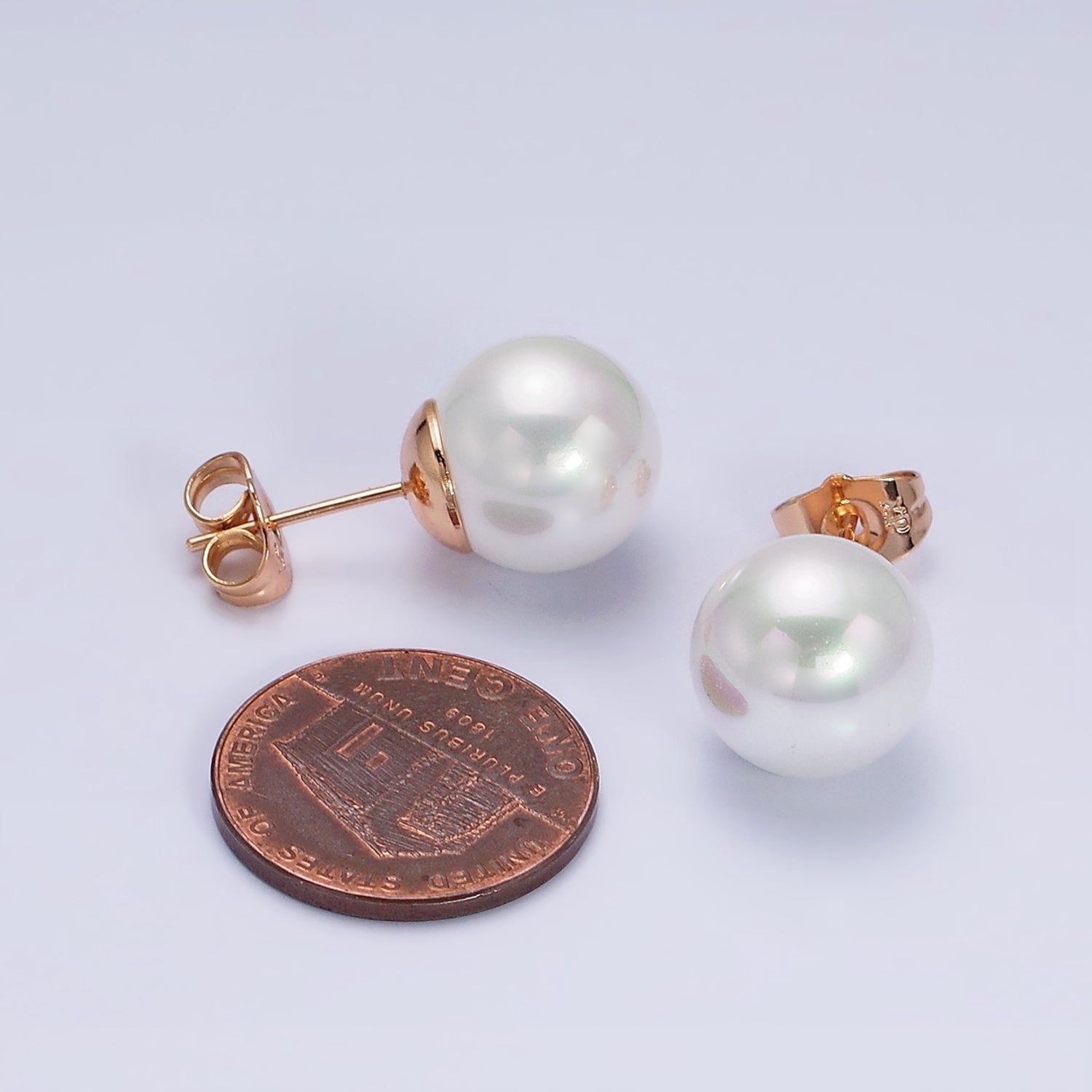 18K Gold Filled White Round Pearl 12mm Stud Earrings | AD1423 - DLUXCA
