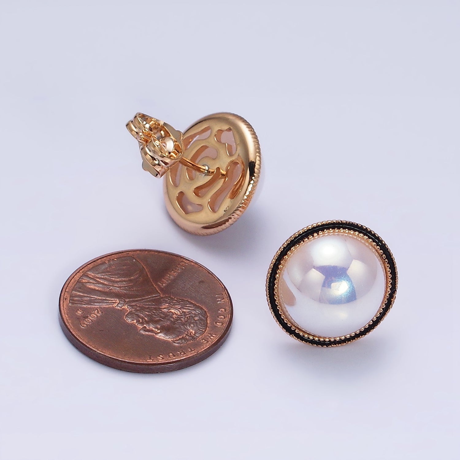 18K Gold Filled Rounded Pearl Black Enamel Stud Earrings | AD1453 - DLUXCA