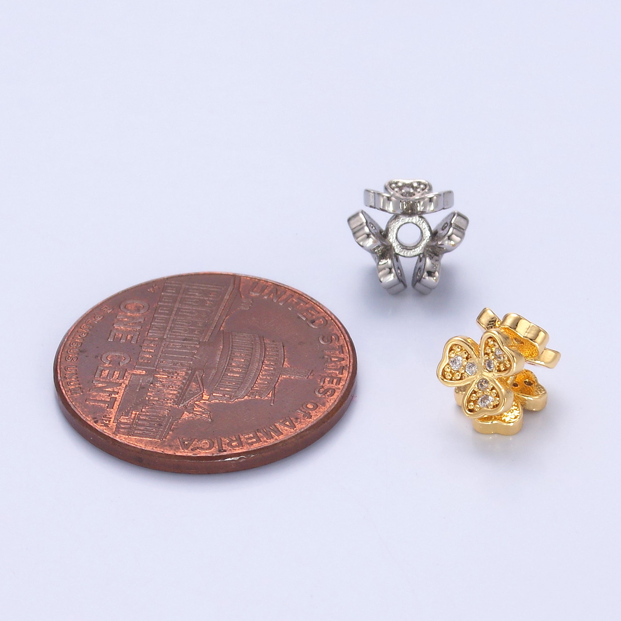 24K Gold Filled Micro Paved CZ Clover Flower Bead in Gold & Silver | B647