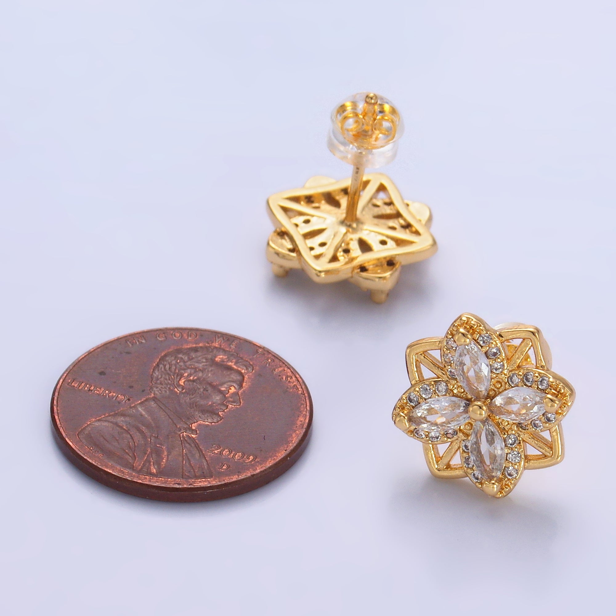 24K Gold Filled Clear CZ Geometric Flower Stud Earrings in Gold & Silver | AB690 AB691
