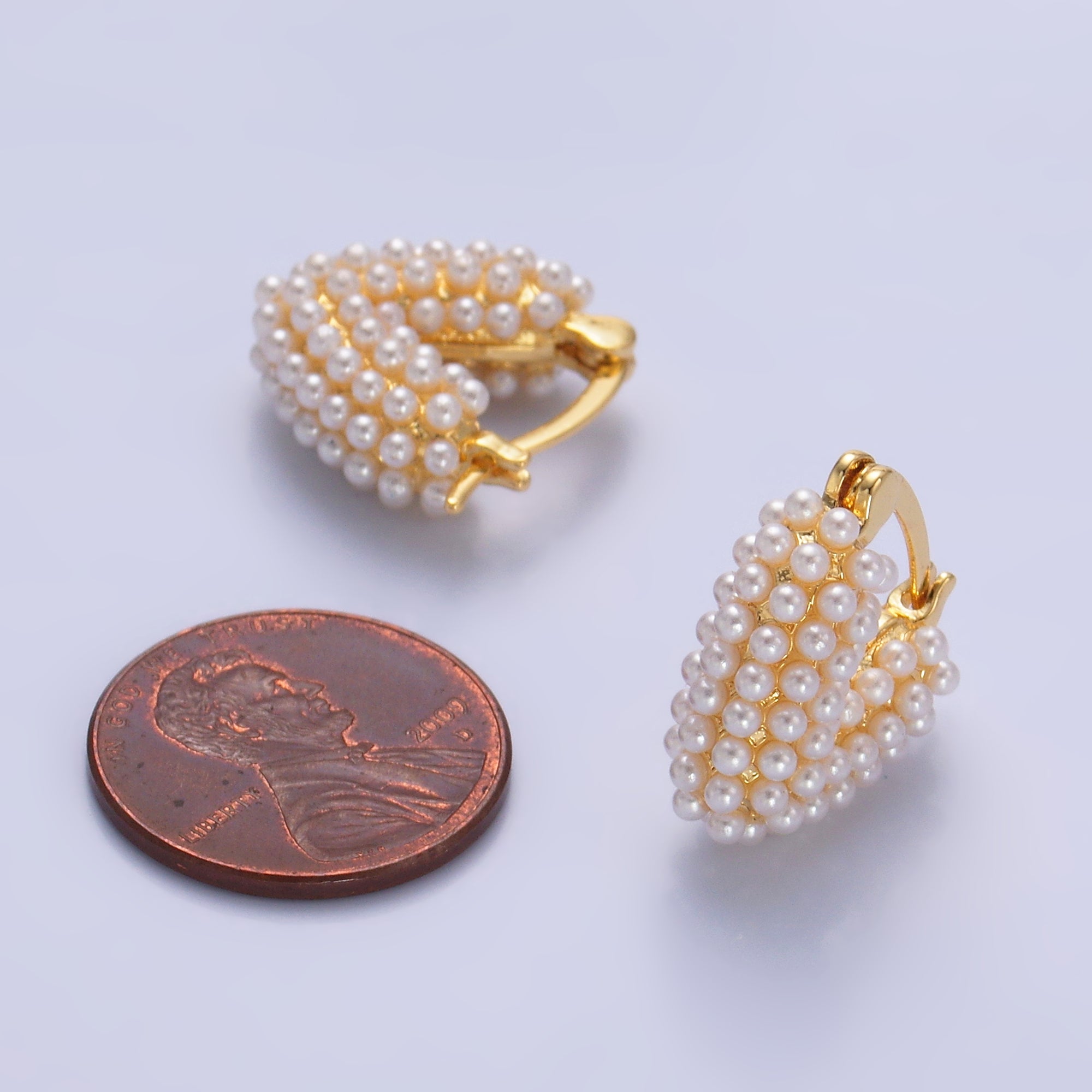 24K Gold Filled Shell Pearl Dotted Heart V-Shaped Latch Hoop in Gold & Silver | AB694 AB695