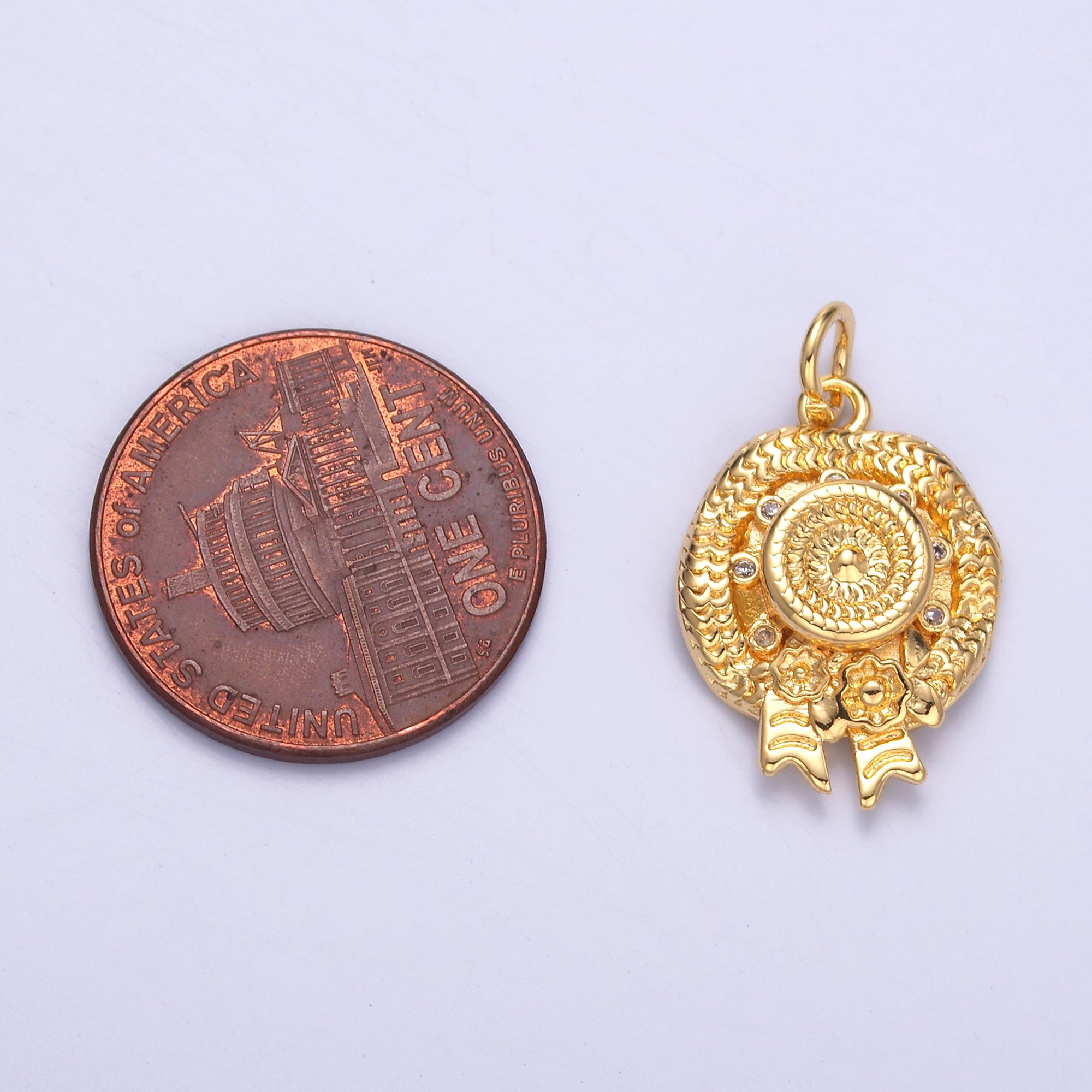 24K Gold Filled Clear CZ Flower Woven Beach Hat Charm in Gold & Silver | N015