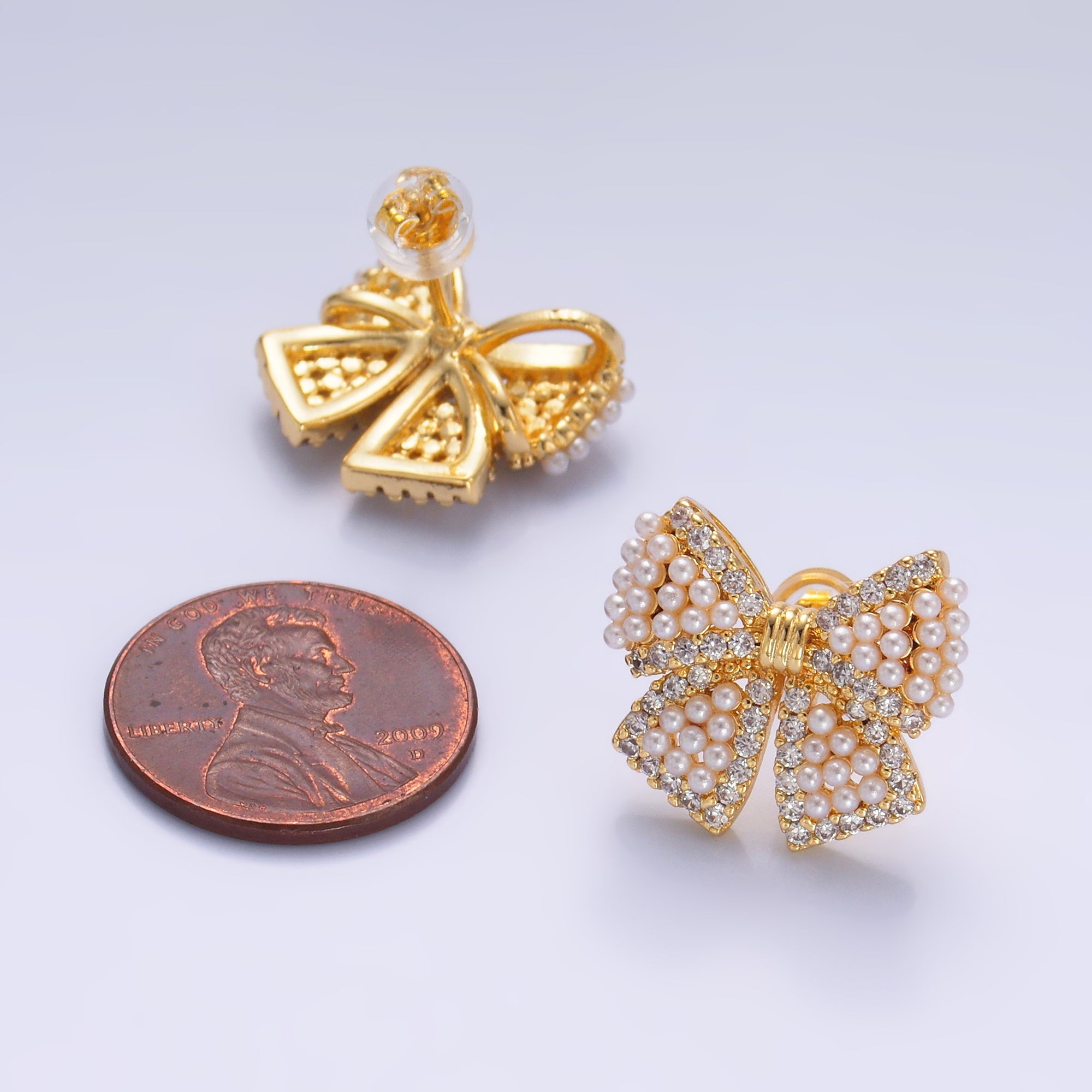 24K Gold Filled Shell Pearl Dotted Micro Paved CZ Ribbon Bow Stud Earrings in Gold & Silver | AB692 AB693