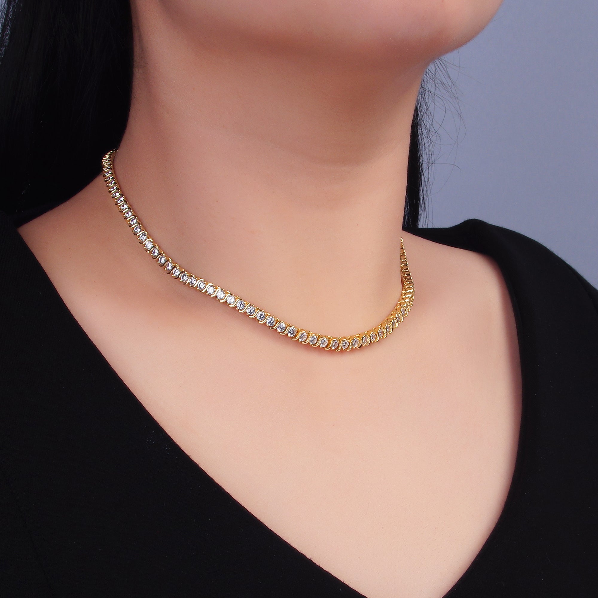 24K Gold Filled Curved S-Link Tennis Chain 16 Inch Necklace in Gold & Silver | WA-3028 WA-3029
