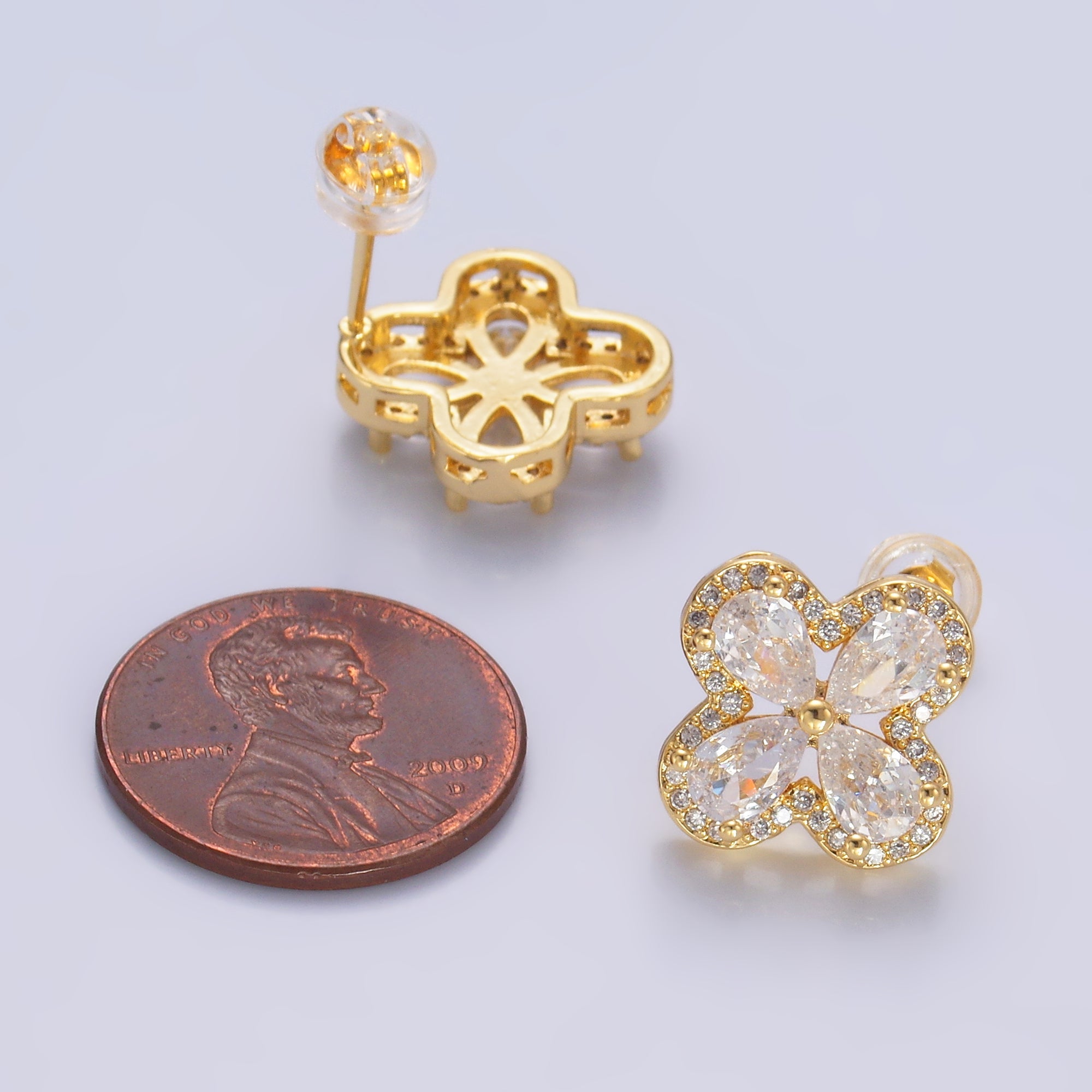24K Gold Filled Clear CZ Micro Paved CZ Quatrefoil Stud Earrings in Gold & Silver | AB688 AB689