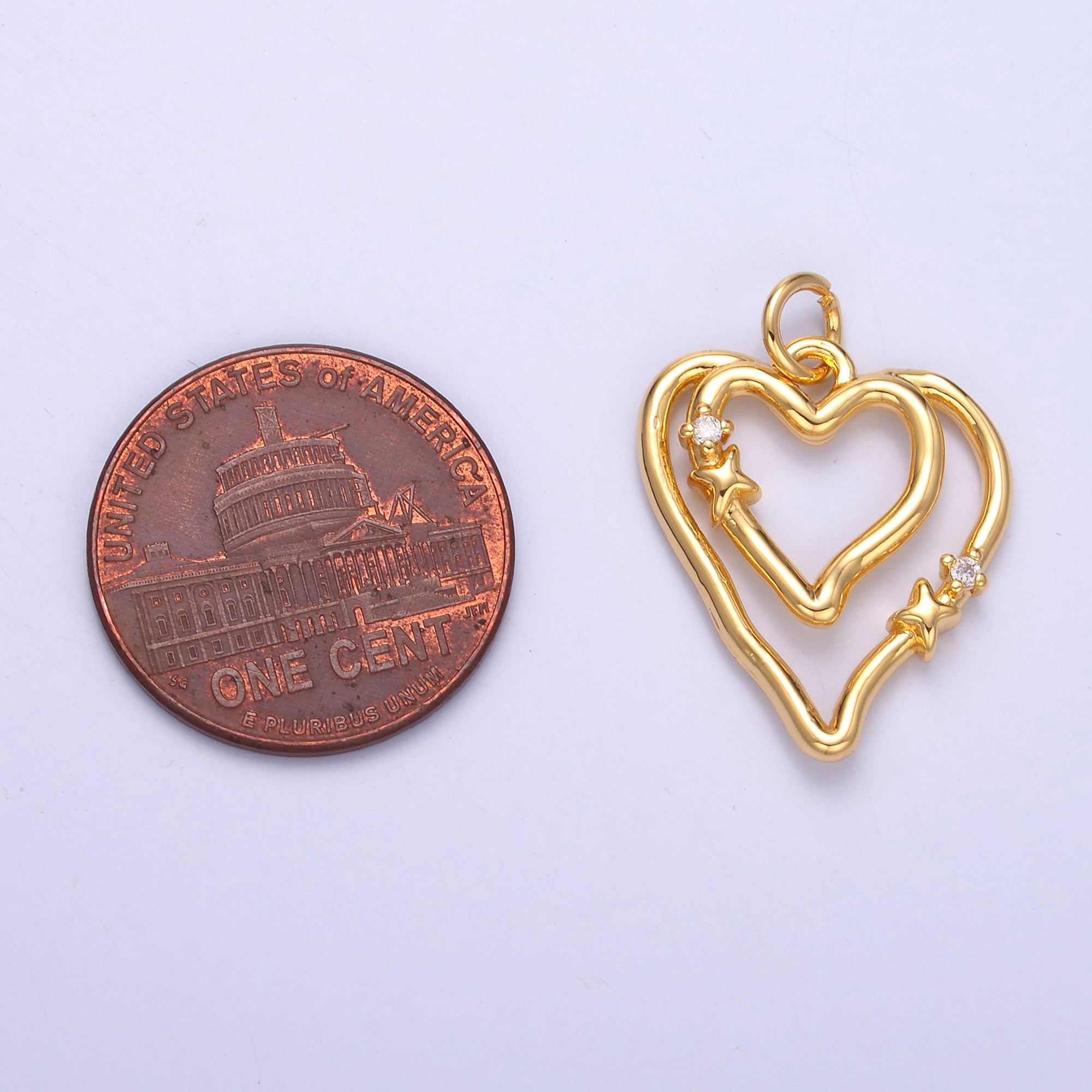 24K Gold Filled CZ Star Heart Double Band Charm in Gold & Silver | N016