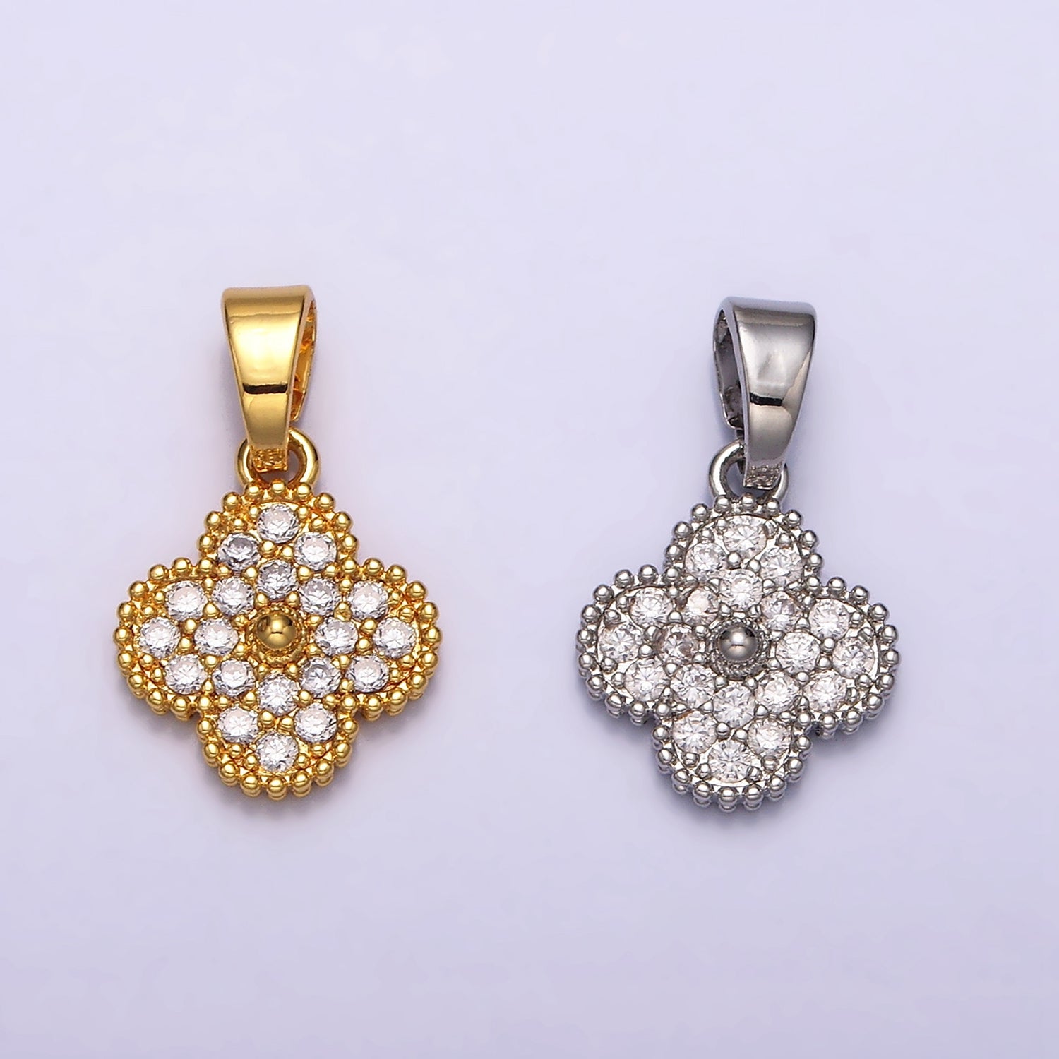 24K Gold Filled Clover Quatrefoil Micro Paved CZ Pendant in Gold & Silver | AA469 AA470