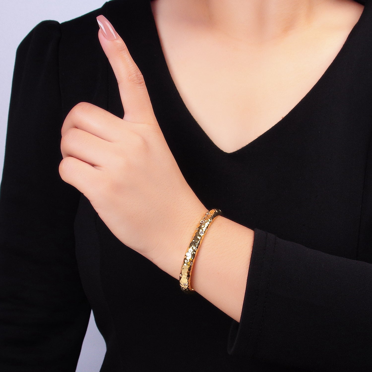 24K Gold Filled CZ Dotted Hammered Cuff Bracelet | WA-2659