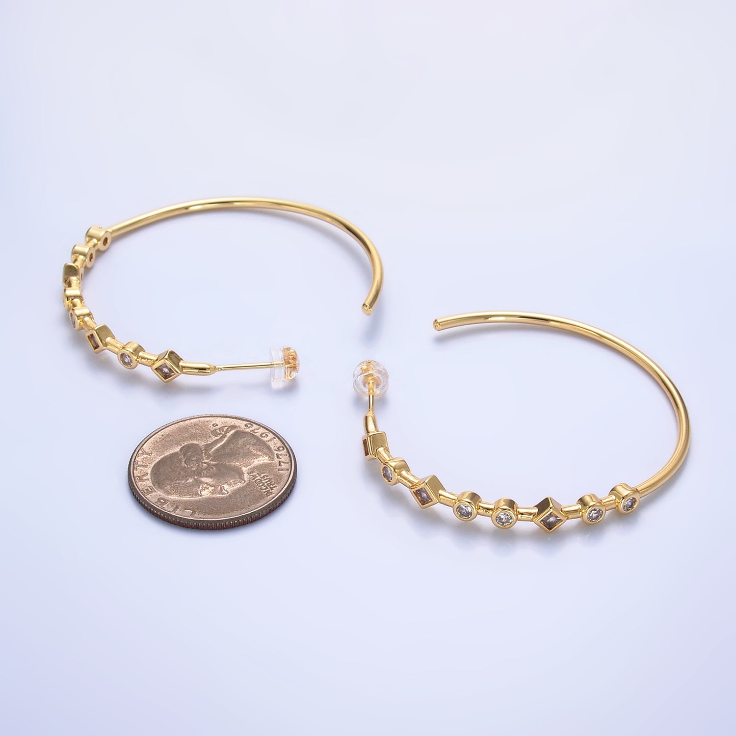 24K Gold Filled 50mm Clear CZ Geometric C-Shaped Hoop Earrings | T125