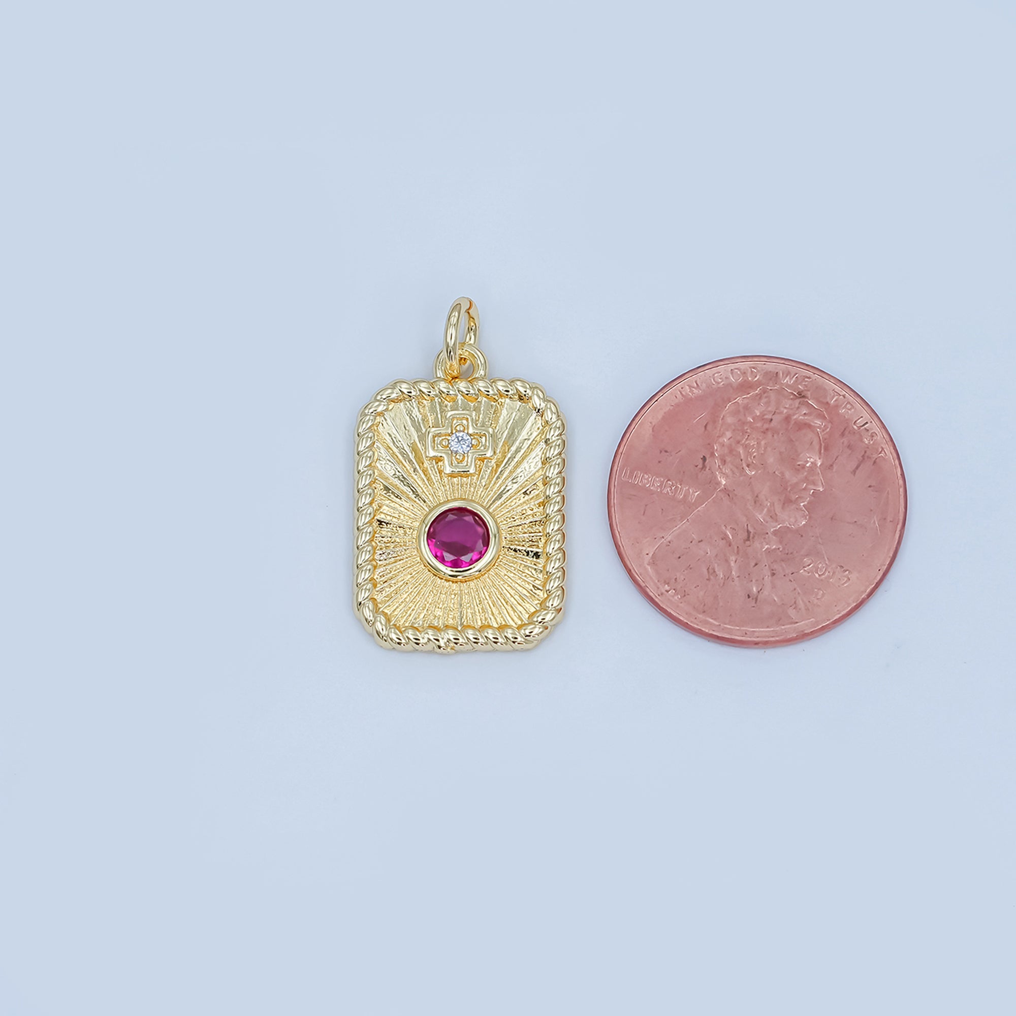 24K Gold Filled Cross Red CZ Sunburst Twisted Bezel Charm | M625