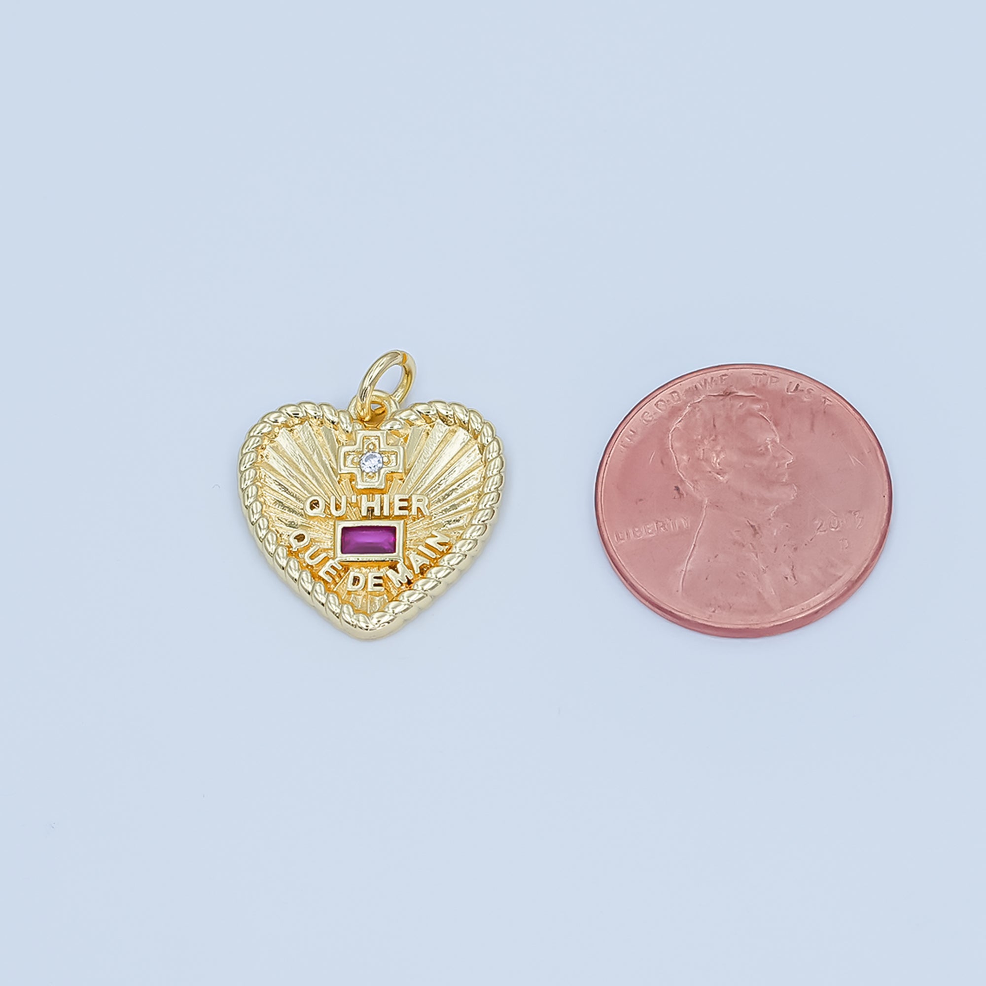 24K Gold Filled Augis Love French "Qu'hier Que Demain" CZ Sunburst Heart Charm | M626