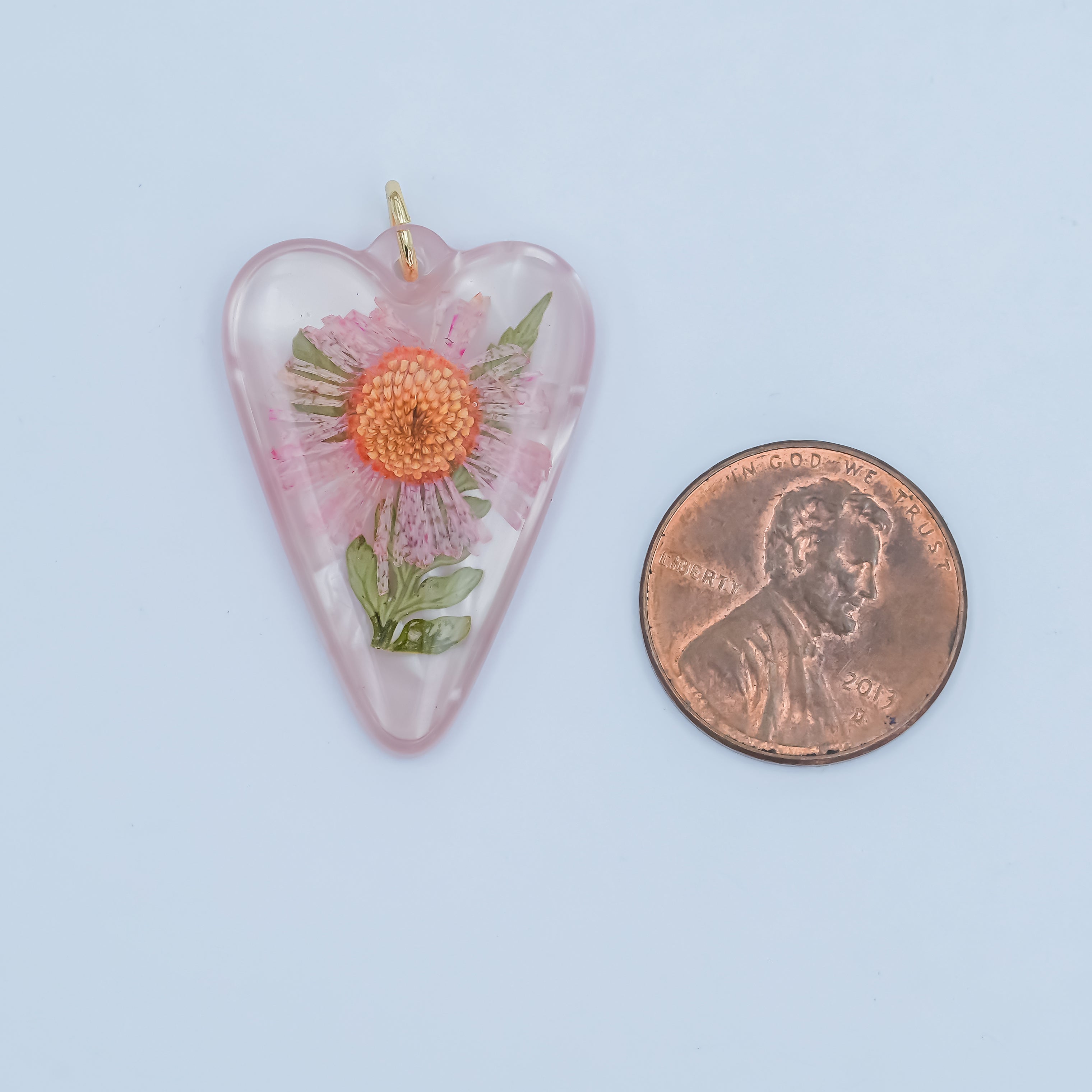 Handmade Pressed Pink Flower Heart Resin Charm | N065