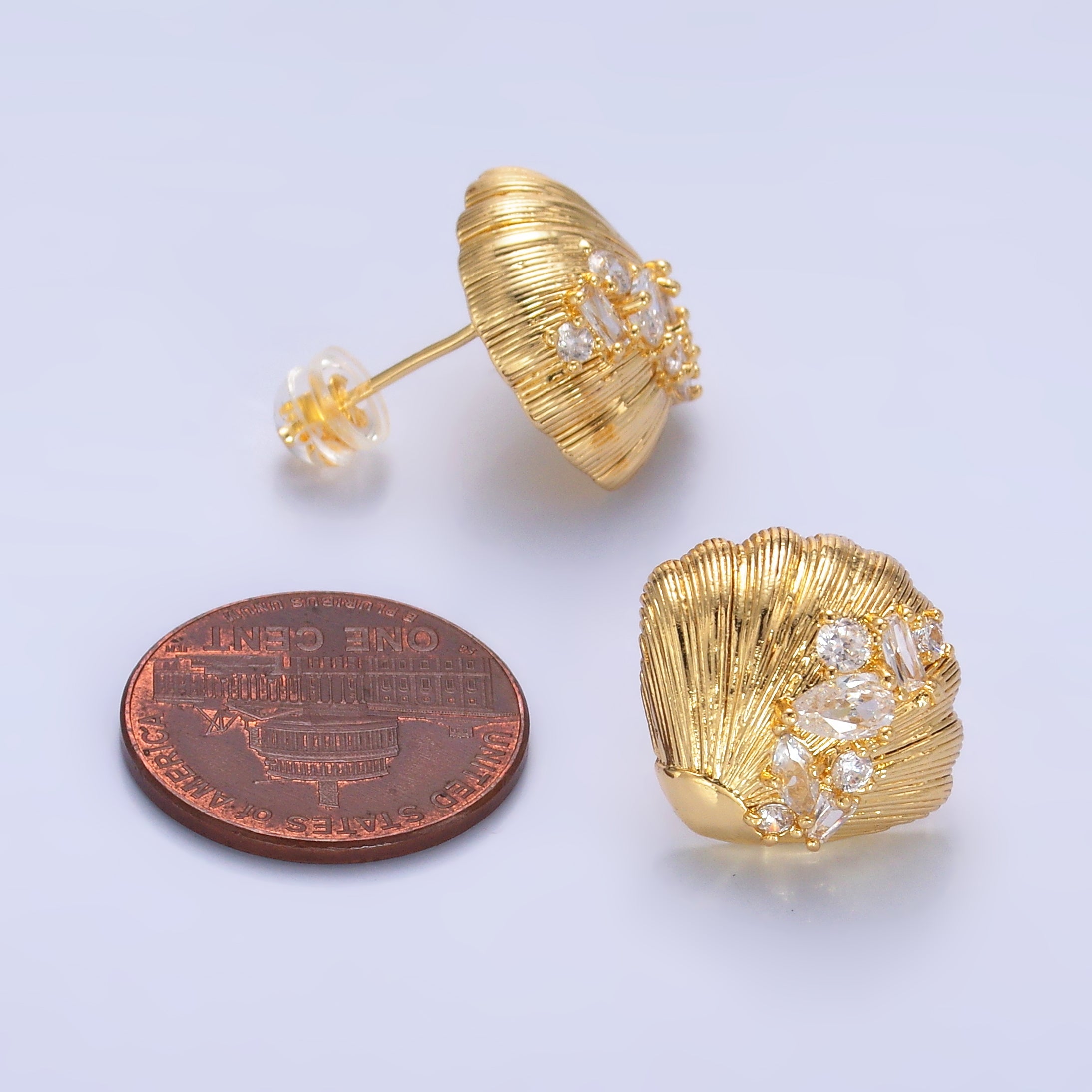 24K Gold Filled CZ Cluster Lined Sea Shell Stud Earrings | AB709