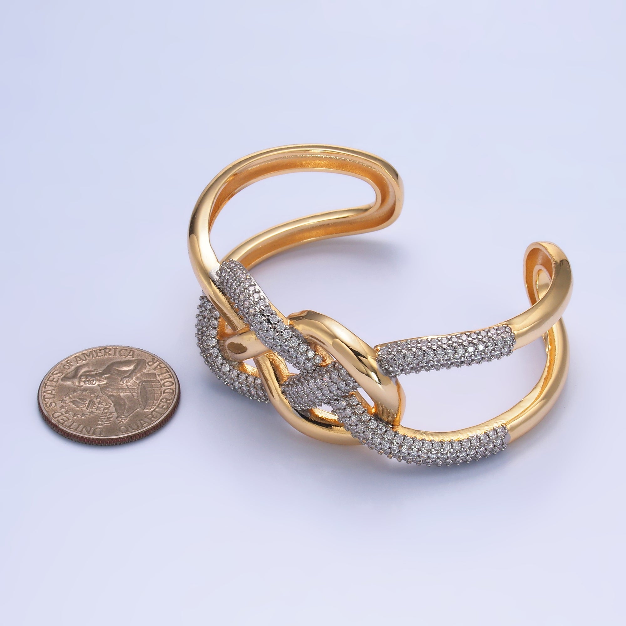 24K Gold Filled Micro Paved CZ Mixed Metal Artisan Band Cuff Bracelet | WA-2725