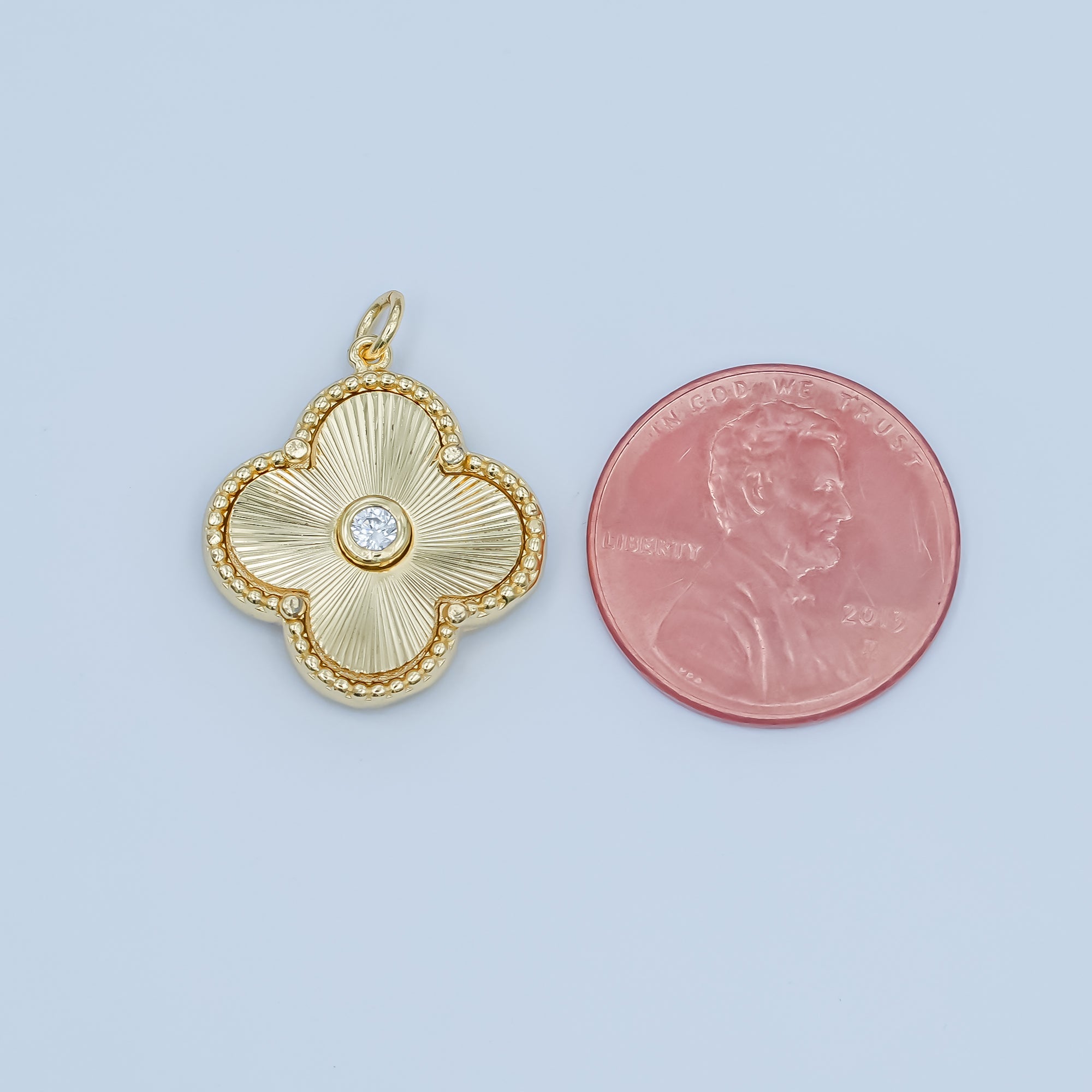 24K Gold Filled Clover Sunburst Pattern CZ Charm | M-186