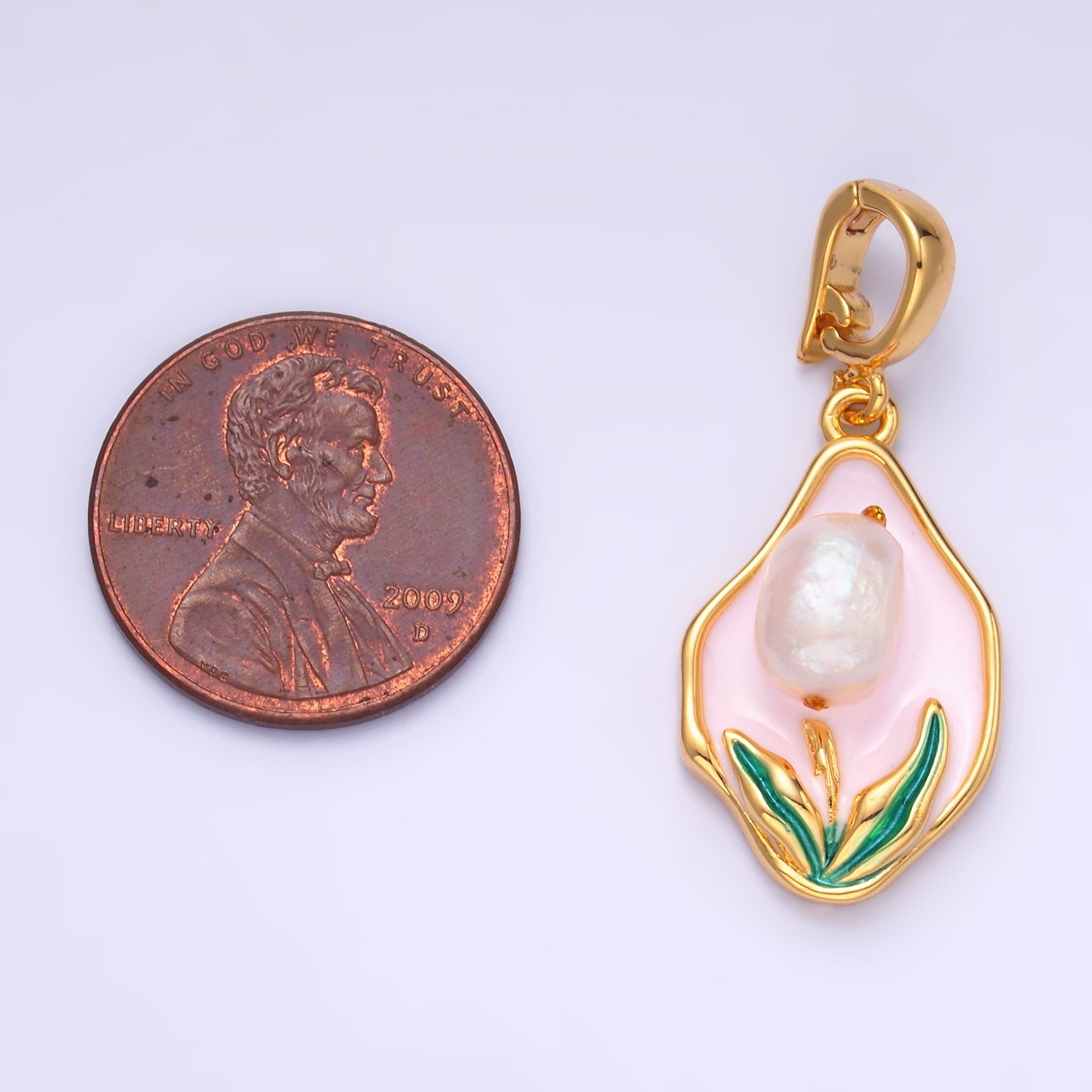 24K Gold Filled Pink Enamel Tulip Charm with Snap Bail Pendant | AA-1467