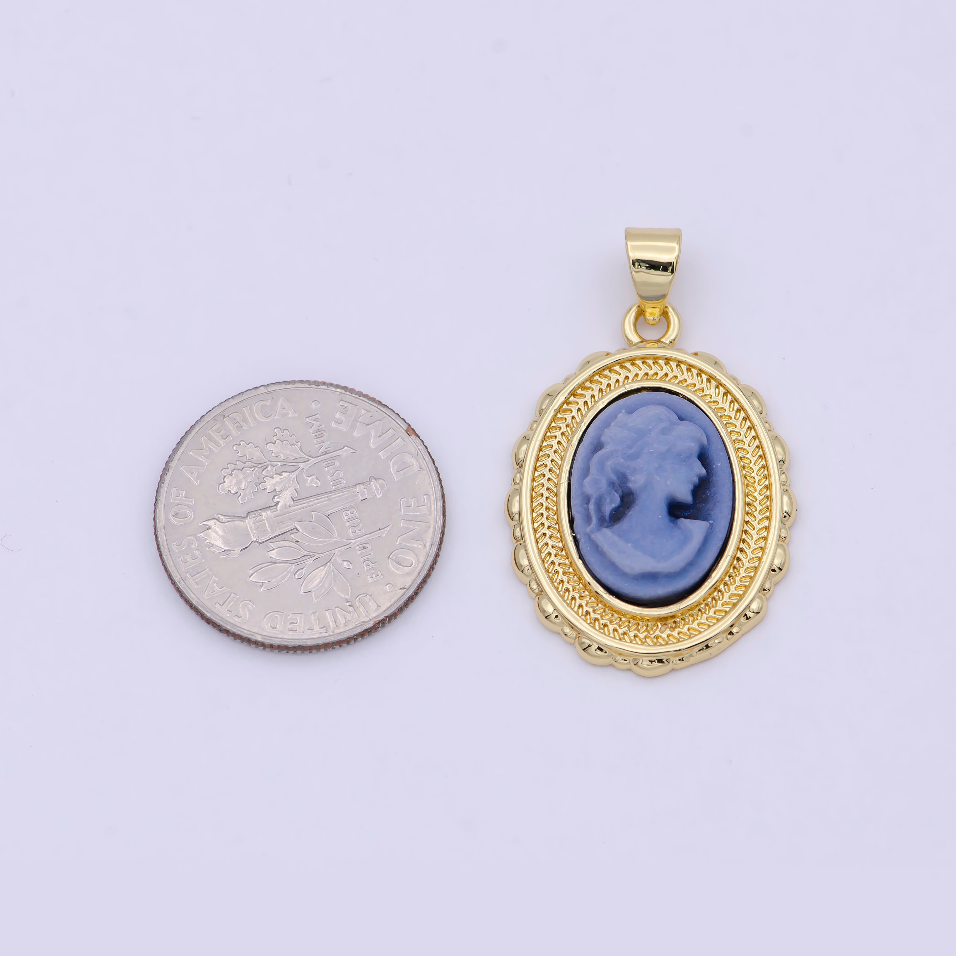 14K Gold Filled Natural Blue Agate Women's Portrait Italian Cameo Vintage Jewelry Oval Pendant N-585