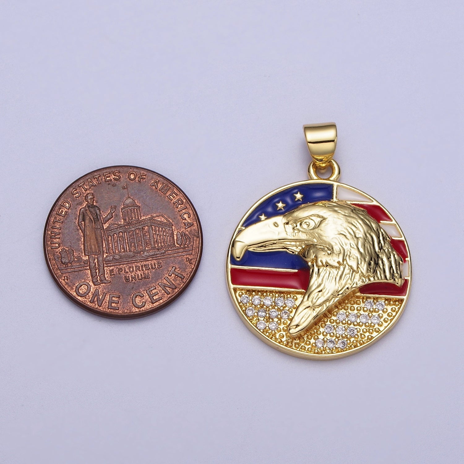 24K Gold Filled Micro Paved American Eagle Flag Enamel Round Pendant | I188 - DLUXCA