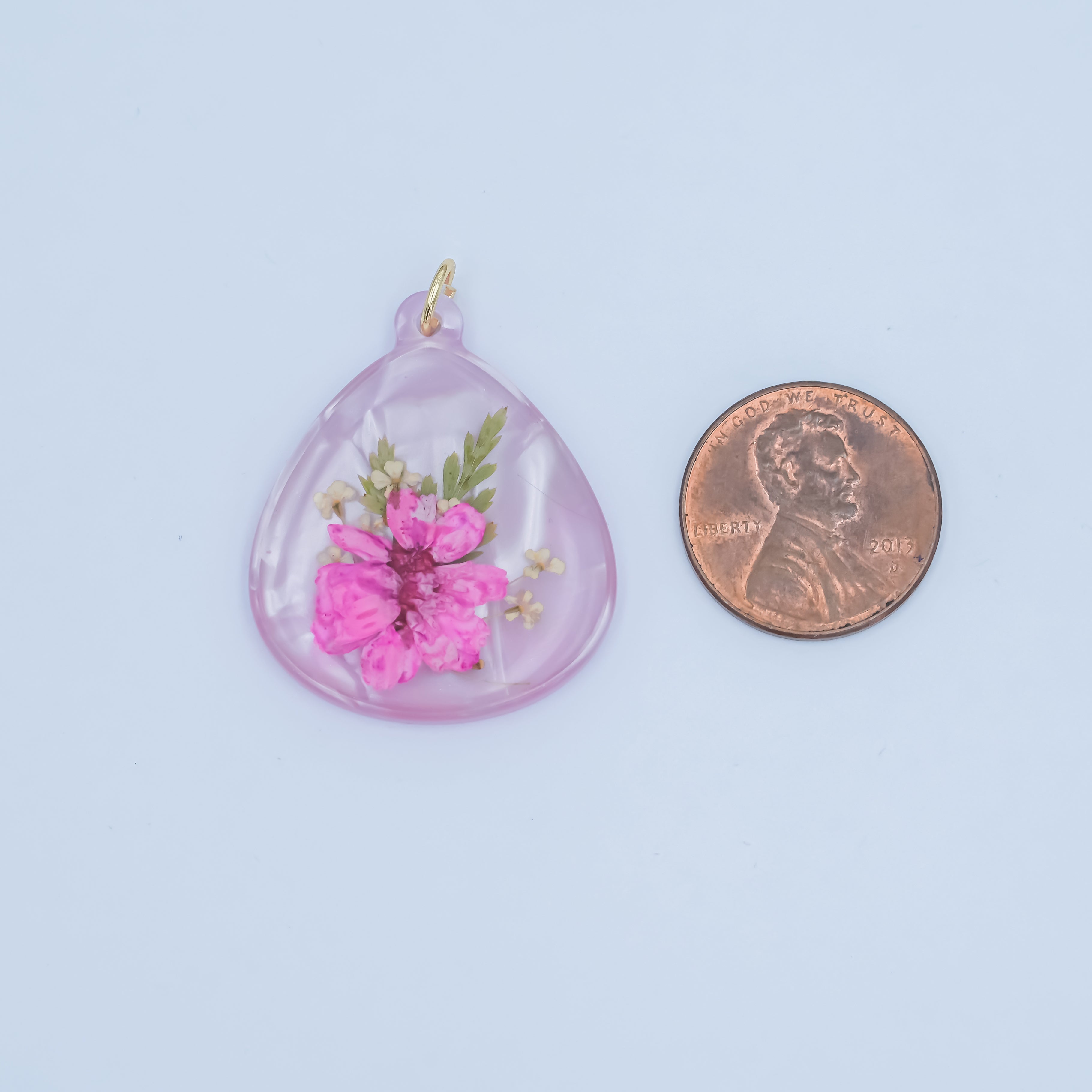 Handmade Pressed Pink Hibiscus Flower Teardrop Resin Charm | N061