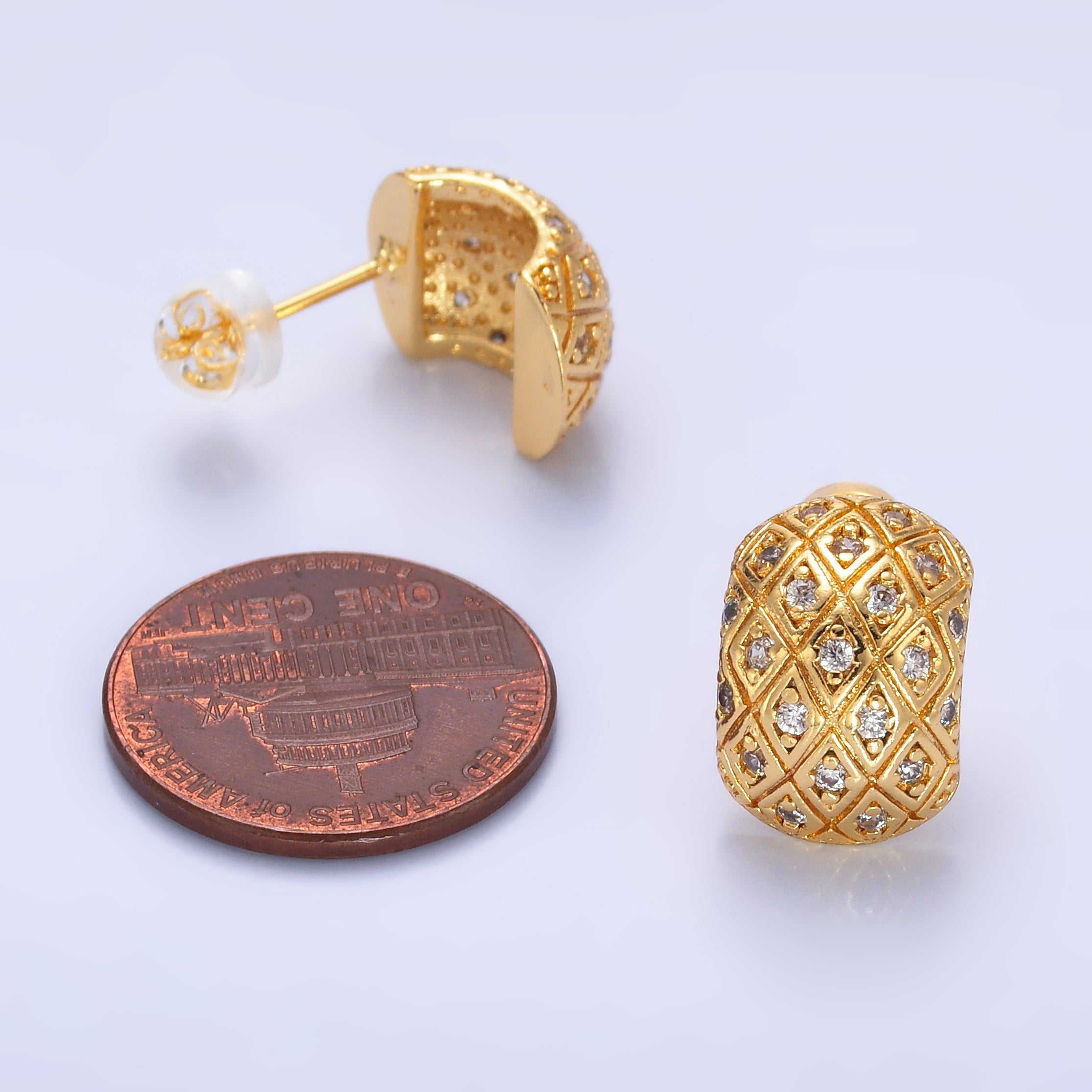 24K Gold Filled CZ Geometric Quilted Wide J-Shaped Hoop Earrings | AB708