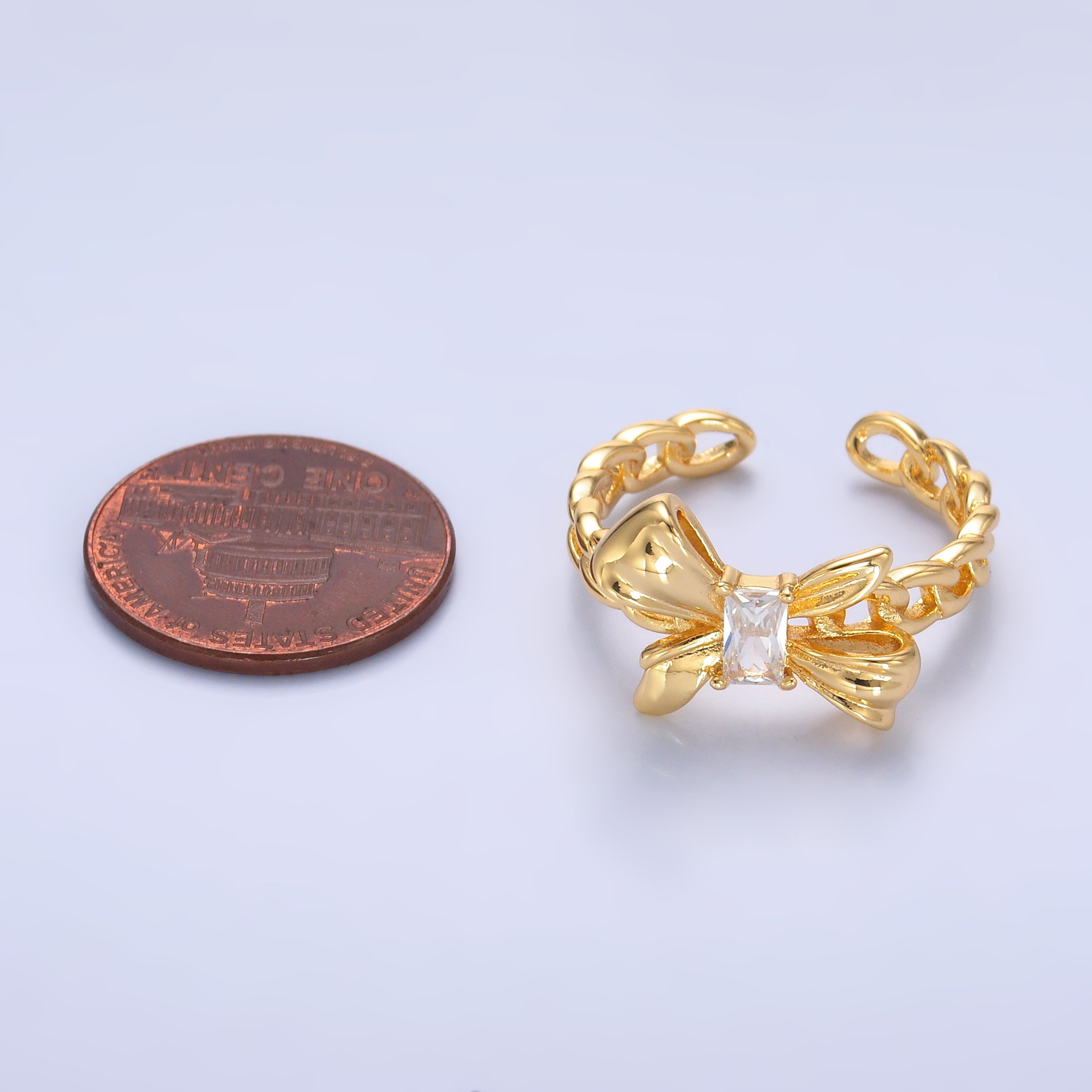 24K Gold Filled Baguette Ribbon Bow Curb Chain Ring | O553