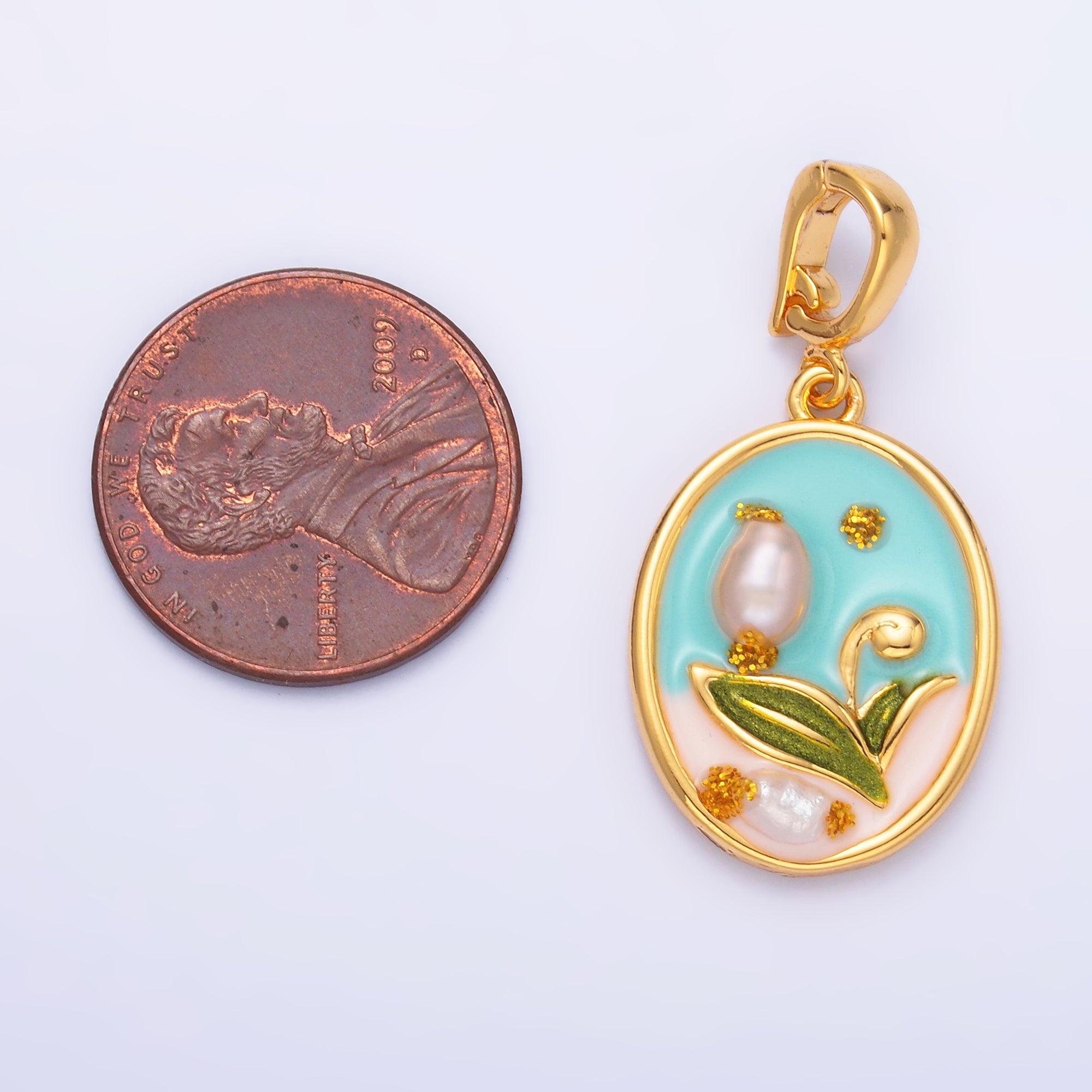 24K Gold Filled Blue Tulip Flower With Pearl Snap Bail Pendant | AA1468