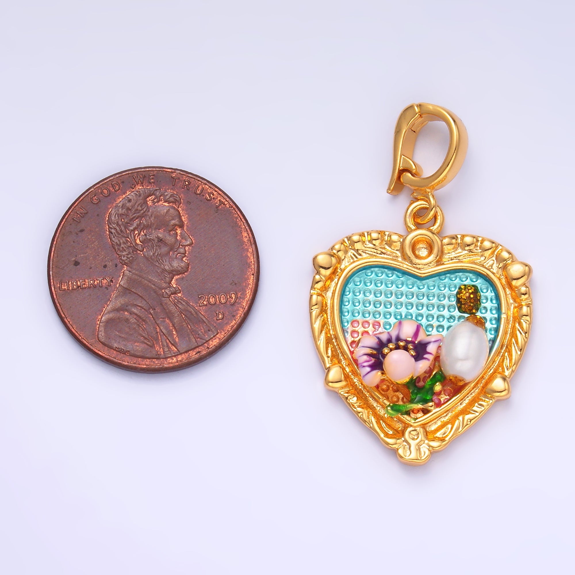 24K Gold Filled Flower Garden Heart Enamel Charm with Snap Bail Pendant | AA-1470